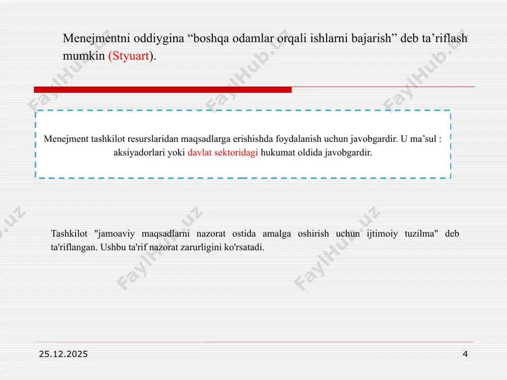 dizayn, avtomatlashtirish va yaqin nazorat orqali maksimal boshqaruv nazorati - korxonalarda kichik xodimlarni boshqarishda qo’llash mumkin, deb ta'kidlangan: • yirik tez ovqatlanish korxonalari (masalan, mcdonald's elton mayo garvard biznes maktabining sanoat tadqiqotlari professori edi. 1924-1932 yillarda chikagodagi western electric kompaniyasining hawthorne zavodida bir qator keng ko'lamli tadqiqotlar bilan shug'ullangan. biroq, erishilgan ishlab chiqarish darajasini aniqlashda ishchilarning munosabati va guruh munosabatlari o'zini nomoyon etishdan ko'ra muhimroq ekanligi tezda ma'lum bo'ldi. mayo va uning hamkasblari ishdagi individual va guruh xatti-harakatlarini samaradorlik omili sifatida tekshirdilar. 31.03.2023 13 piter druker 1940-1950-yillarda bir qator amerika korporatsiyalarida biznes maslahatchisi boʻlib ishlagan. u, shuningdek, boshqaruv sohasining iqtidorli yozuvchisi edi. drukerning ta'kidlashicha, biznes menejeri bitta asosiy funksiyaga ega - iqtisodiy samaradorlik. shu jihatdan biznes menejeri har qanday boshqa turdagi tashkilot menejeridan farq qiladi. menejment o'zining mavjudligi va ishonchliligini faqat o'zi bergan iqtisodiy natijalar bilan oqlay oladi, hatto uning harakatlari muhim noiqtisodiy natijalarga olib kelgan bo'lsa ham. druker biznesdagi …