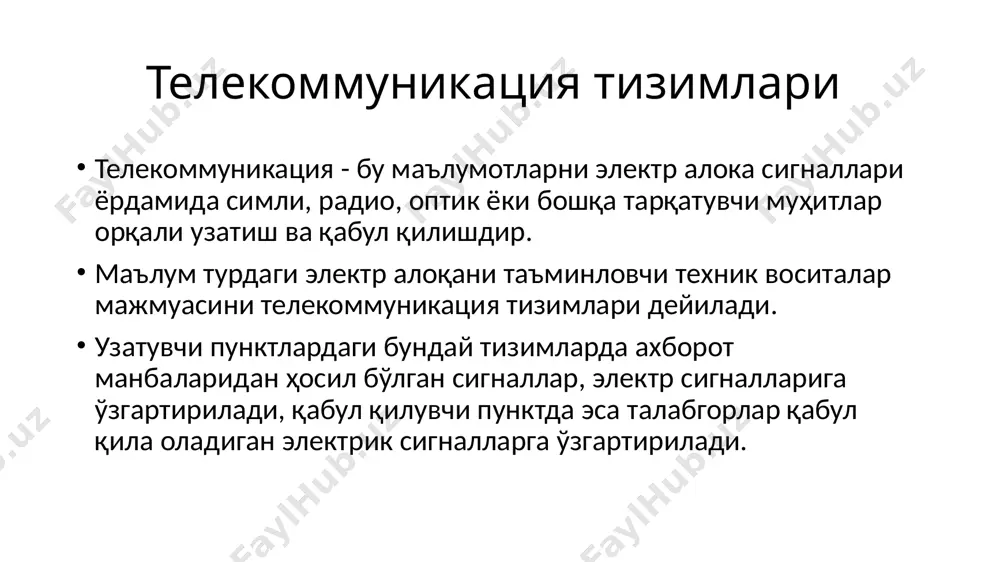 асосийлари қуйидагилар: 1) интернетга уланган маҳаллий тармоққа уланиш. 2) isp (internet service provider – интернет хизматлари провайдери) ларга оддий телефон линияси орқали dial up модеми орқали уланиш. 3) dsl (digital subscript line – обуначининг рақамли линияси) модеми орқали. 4) кенг полосали кабель орқали. 5) оптик толали кабель орқали. 6) сунъий йўлдош орқали. image1.emf /docprops/thumbnail.jpeg