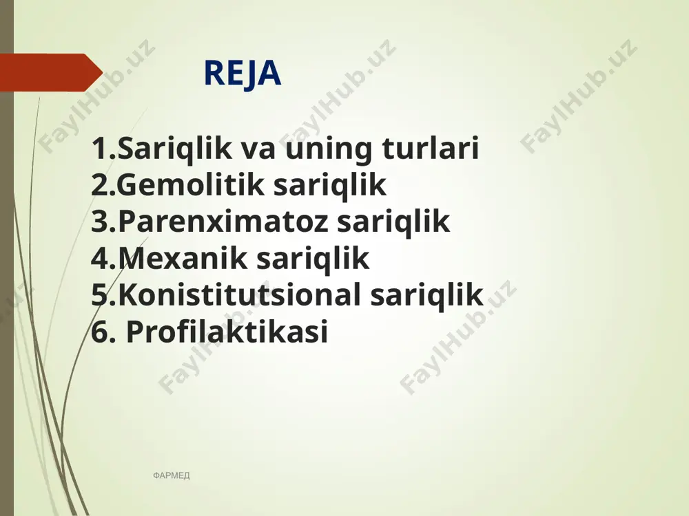 ’zning oq pardasida sariqlik kamroq,teri odatda rangpar periferik qonda kamqonlik, retikulotsitoz ba’zida eritrotsitlarning shaklining o’zgarishi-makrotsitoz, yarim oy shaklidagi eritrotsitlar eritrotsitlarning yuqori darajada parchalanishi oqibatida qonda aylanayotgan bilirubin miqdri oshgan gemolitik sariqlik nasliy gemolitik kamqonlik nasliy mikrosferotsitoz autoimmun gemolitik kamqonlik tungi paroksimal gemoglobinuriya nasliy stomatsitoz talessemiya gemolitik zaxarlardan zaxarlanish jigar sariqligi jigar sariqligi gepatotsitlarr strukturasi va funksiyasini turli xil buzilishlarida rivolanib quydagi shakillarni o’z ichiga oladi jigar hujayralari gepatotsitlar membranlarining o’tkazuvchanligi va yaxlitligini zararlanishi oqibatida patogenetik mexanizmlar to’g’ri bo’lmagan bilurubinni ushlab qolish va konyugirlanishining buzilishi bilan bog’liq. oqibatda konyugirlanmagan bilirubin sinusoidlarga, so’ngra qon zardobiga tushadi xolestatik etiopatogenetik jihatdan gepototsitlar zararlanishida jigar ichi holestazi bilan bog’liq enzimopatik gepototsitlardagi ayrim fermentlarning yetishmovchiligi jigar sariqligi муҳим ҳолатлар терини ёрқин заъфарон рангга кириши хос рангсиз нажас сийдикнинг тўқ рангга кириши гепатомегалия, баъзан талоқнинг катталашуви жигар-ҳужайравий етишмовчилик белгилари баъзан жигардан ташқари белгилар ва портал гипертензия мавжудлиги алат ва асат, урокиназа, лдг5 фаоллигини ортиши жигар ҳужайраларининг зарарланиши …