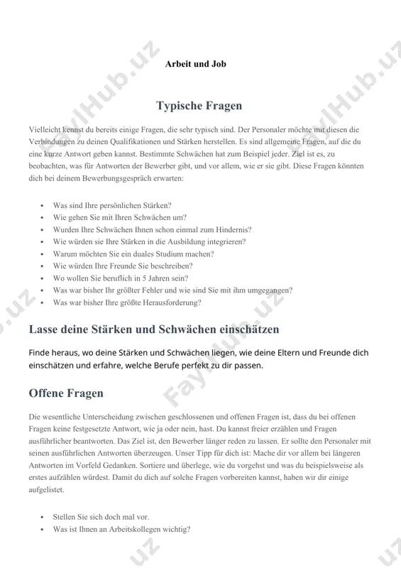 ege, wie du vorgehst und was du beispielsweise als erstes aufzählen würdest. damit du dich auf solche fragen vorbereiten kannst, haben wir dir einige aufgelistet. · stellen sie sich doch mal vor. · was ist ihnen an arbeitskollegen wichtig? · wie gehen sie mit kritik um? · wie stellen sie sich ihre ausbildung vor? · was wissen sie über das duale studium? informationen zum thema arbeit und beruf geben beruf ich mache eine ausbildung. ich werde krankenpfleger. ich will feuerwehrmann werden. ich habe eine ausbildung zum erzieher/zur erzieherin gemacht. ich habe eine lehre als schneiderin gemacht. ich bin berufstätig. ich habe medizin studiert und bin arzt geworden. ich bin bauingenieur von beruf. ich bin lehrer von beruf, aber ich arbeite als journalist. mein beruf ist polizist. ich mag meinen beruf. mein beruf gefällt mir. arbeit ich arbeite seit vier jahren als grafiker bei der firma xz-media. ich arbeite schon sieben …