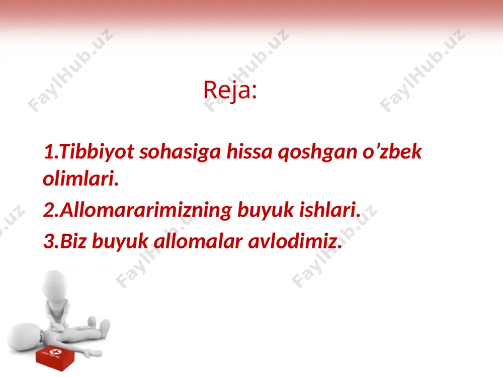 bu ali ibn sinodir. xorazmda yosh tabib ko’plab do’stlar orttirdi, ko’p o’tmay esa uning ustozlari masihiy va beruniy ham yetib keldilar. ibn sino asarlari yevropada xii asrdan boshlab lotin tiliga tarjima qilina boshlandi. “tib qonunlari” asarining o’zi lotinchada 30 martadan oshiq nashr qilindi. adabiyotlar: 1. ww.ziyonet.uz sayti. 2. www.ref.uz sayti. 3. www.vse.uz sayti. image2.jpg image3.jpg image4.jpeg image5.png image6.jpeg image7.jpeg image8.jpeg image9.jpeg image10.jpeg image11.jpeg image12.jpeg image13.jpeg image14.jpeg image15.jpg image16.jpeg image1.jpg