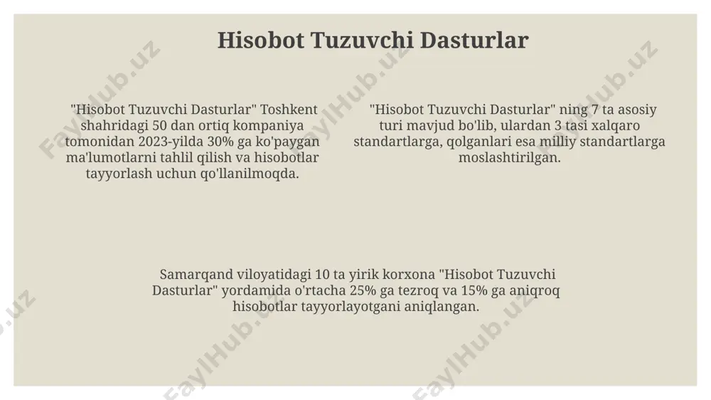 ich uchun 5 million so'm miqdoridagi mablag' sarflash rejasi aks ettirilgan. asosiy ko'rsatkichlarni aniqlash samarali hisobot tayyorlash uchun, kamida 3 ta asosiy ko'rsatkichni – ya'ni, 1-chorakdagi sotuv hajmini, 2-chorakdagi xarajatlarni va yillik rentabellikni – aniqlash va taqqoslash kerak. asosiy ko'rsatkichlarni aniqlashda, masalan, toshkent shahridagi 5 ta yirik korxonaning 2023-yilgi sof foydasi va 10% ga o'sgan aktivlar hajmini tahlil qilish muhimdir. farg'ona viloyatida joylashgan 20 ta kichik biznes sub'ektlarining o'rtacha daromad ko'rsatkichi va 7% li o'sish sur'atini hisoblash orqali, aniq xulosalar chiqarish mumkin. e'tiboringiz uchun rahmat @taqdimot_robot