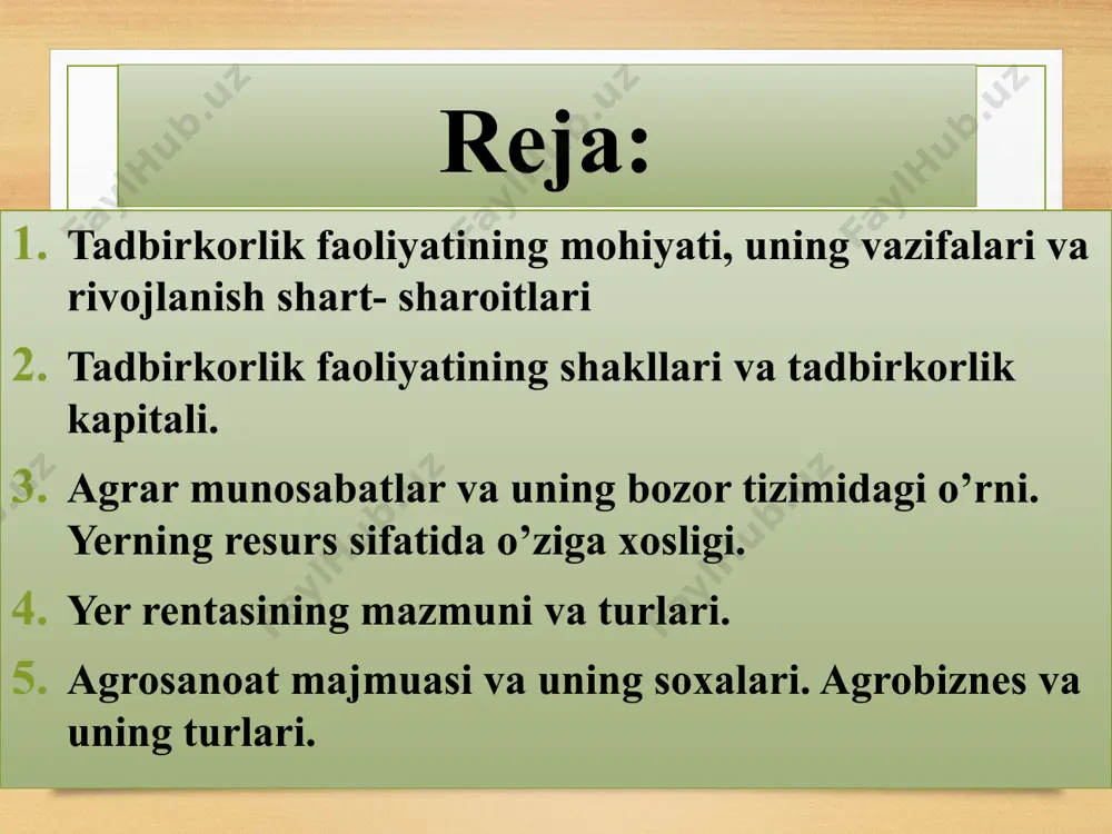 ishi juda muhim. bular quyidagilardan iborat: 1) mulkiy munosabatlarni ishtirokchisi bo‘lish, ishlab chiqarish omillariga va yaratilgan tovarlarga egalik qilish. 2) iqtisodiy erkinlik ya’ni mustaqil ish olib borish, ishlab chiqarishni boshqarish. 3) iqtisodiy xatti-harakatlar uchun mas’uliyatni o‘z zimmasiga olish va faoliyati uchun natijasiga javob berish. 4) foyda olishga intilish va uni ta’minlash chora-tadbirlarini ko‘rish. 5) tijorat sirini saqlay bilish. 6) halol raqobat va bozorda mavjud qoidalarga amal qilish. 7) imidjga ega bo‘lish ya’ni boshqalar ishonchini oqlab obro‘-e’tibor orttirish, firmaning obro‘sini ko‘tarish. 7 7 tadbirkorlik faoliyatining rivojlanish shart-sharoitlari: tadbirkor faoliyati uchun ma’lum huquq va erkinliklar mavjud bo‘lishi lozim; tadbirkor mulkchilik huquqiga ega bo‘lishi (mol-mulkni va foydani tasarruf qilishda) zarur; erkin iqtisodiy faoliyatni amalga oshirishni ta’minlaydigan iqtisodiy muhit va ijtimoiy-siyosiy shart-sharoitlar yetarlicha bo‘lishi kerak; mulkchilik va xo‘jalik yuritishning xilma-xil shakllari va turlari taqozo qilinadi. 8 tadbirkorlik faoliyatining asosiy turlari va biznesning tashkiliy-huquqiy shakllari shaxsiy tadbirkorlik -shaxsiy mulkka asoslanadi, ishlab chiqarish uning o‘zi yoki …