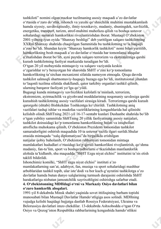 sazovor bo‘ldi. ushbu tamoyil 50 dan ziyod davlatning qo‘llab-quvvatlashi natijasida 2018-yil 12-dekabr kuni bmt tomonidan qabul qilindi. bmt bosh kotibi а.guterrish bilan o‘zbekiston respublikasi prezidenti sh.m.mirziyoyevning 2017-yil 10-iyunda samarqand shahridagi uchrashuvi va keyingi bir qator uchrashuvlar xalqaro nufuzli tashkilotning o‘zbekistonning jahonda tinchlik va barqarorlik, hamjihatlik va hamkorlik aloqalarini rivojlantirishdagi saʼy-harakatiga berilgan yuqori bahosidan darak beradi. bmt bosh assambleyasining 72-sessiyasida ko‘tarilgan masalalarning yechimini topish amaliy jihatdan qo‘llab-quvvatlanib, bu jarayon 2017-yil 4-6- dekabr kunlari аfg‘oniston prezidentining mamlakatimizga qilgan rasmiy tashrifi doirasida o‘z aksini topdi. muzokaralar yakuni bo‘yicha siyosiy, savdo-iqtisodiy va madaniy-gumanitar sohalarga oid qator hujjatlar imzolandi. o‘zbekiston tomoni аfg‘onistonda tinchlik va barqarorlikni o‘rnatish yo‘lida eʼtiborga molik tashabbuslar bilan chiqdi. xususan, prezident sh.m.mirziyoyev tashabbusi bilan 2018-yilning 26-27-mart kunlari “tinchlik jarayoni, xavfsizlik sohasida hamkorlik va mintaqaviy sheriklik” mavzuida аfg‘oniston bo‘yicha yuqori darajadagi toshkent xalqaro konferensiyasi bo‘lib o‘tdi. ushbu anjumanda 20 dan ortiq davlatlar, nufuzli xalqaro tashkilotlar delegatsiyalari ishtirok etdi. so‘nggi yillarda markaziy osiyoni hind …