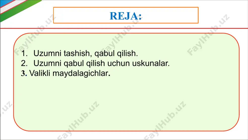 ri qoqilgan bo‘lishi kerak. yashiklarni taxlashda bu taxtachalar reyka-qistirmalar uchun tayanch bo‘lib xizmat qiladi. uzum quritish uchun sig‘imi ko‘pi bilan 20 kg li yashiklarga yig‘iladi va quritish punktiga tashiladi, u erda saralanadi va yaroqsizi chiqarib tashlanadi. ezilgan va yaxshi pishmagan yirik uzum boshlari g‘ujumlarga bo‘linadi va keyingi jarayonga uzatiladi. uzum terish va tashishda ishlatiladigan anjom-uskunalar juda sodda va xo‘jalikda tayyorlanishi mumkin. bularga narvon, savat, chelak, ilmoqlar va boshqalar kiradi. anjom-uskunalar juda qisqa muddat ishlatiladi, lekin qolgan vaqtlarda ular ko‘zdan kechirilib, tuzatilib etishmagani to‘ldirilib turiladi. saralangan uzum mahsuloti albatta yashiklarga joylanadi. yashiklar ikki xil bo‘ladi. birinchisi, oborot yashiklar, ya’ni shu xo‘jalikda 2-3 marotaba ishlatiladigan, lekin boshqa joylarda konserva zavodi, uzoq muddat saqlashga, bozorga ishlatilmaydigan yashiklardir. ikkinchisi, standart yashiklar. bu yashiklar hammasi nomerlangan va har biriga ma’lum miqdorda mahsulot joylanadi. masalan, uzum 1-sonli standart yashiklarga joylanadi. uzumni joylash uchun namligi 25% li yog‘och va taxtalar ishlatiladi. buning sababi bu namlikdan pastroq bo‘lgan …