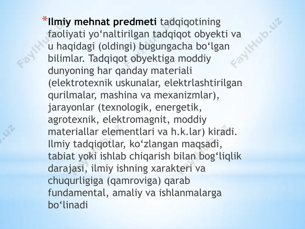 y tadqiqot metodologiyasining nazariy va amaliy jihatlarini yoritadi. kitobni buxdu (https://elib.buxdupi.uz/books/ilmiy%20tadqiqot%20metodologiyasi.pdf) saytida pdf formatida yuklab olish mumkin. xulosa ilmiy tadqiqot — bu yangi bilimlarni olish yoki mavjud bilimlarni kengaytirishga qaratilgan tizimli va maqsadli jarayondir. u fundamental, amaliy va eksperimental tadqiqotlar kabi turli xil turlardan iborat bo‘lib, har birining o‘ziga xos maqsad va yondashuvi mavjud. muvaffaqiyatli tadqiqot aniq muammoni aniqlash, gipotezalarni shakllantirish, nazariy tadqiqot o‘tkazish va tajribalar yordamida ularni tasdiqlashni o‘z ichiga oladi. tadqiqotlarning takroriy tabiati bilimlarning uzluksiz rivojlanishini ta’minlaydi va nazariy hamda amaliy qo‘llash o‘rtasidagi bog‘liqlikni mustahkamlaydi. bu esa ilmiy izlanishlarni innovatsiya va turli sohalarda rivojlanishning asosiy poydevori sifatida muhimligini ta’kidlaydi. image1.png image2.png image3.jpg image4.jpg image5.jpg image6.jpg