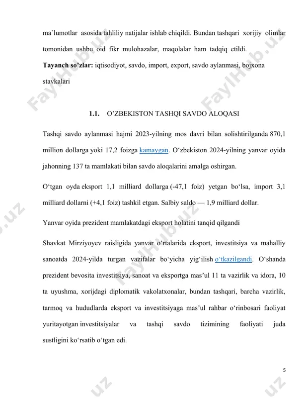 mport hajmi va tarkibiga ta’sir ko’rsatish orqali ichki ish bilan bandlilikni, makroiqtisodiy barqarorlikni ta’minlash, iqtisodiy o’sishga erishish, to’lov balansini yaxshilash xamda valyuta kursini tartibga solish maqsadlarini ko’zda tutadi. davlat tomonidan amalga oshiriladigan bunday tadbirlar tashqi savdo siyosati deb yuritiladi. tashqi savdo siyosati — byudjet-soliq siyosatining tashqi savdo hajmlarini soliqlar, subsidiyalar, import yoki eksportni to’g’ridan-to’g’ri cheklashlar orqali tartibga solishni o’z ichiga olgan nisbatan mustaqil yo’nalishidir. tashqi savdoni cheklash borasida olib borilayotgan xar qanday chora-tadbirlar qisqa muddatli samara beradi. uzoq davrda esa, faqat erkin savdogina iqtisodiy resurslarni samarali joylashtirish imkonini beradi. shuning uchun ham ko’pgina mutaxassis-iqtisodchilar mamlakat iqtisodiyoti va aholisi turmush darajasini yaxshilash uchun erkin tashqi savdo siyosati foydaliroq, chunki, tashqi savdoni cheklashga nisbatan uni erkinlashtirish iqtisodiy resurslardan samarali foydalanishga ko’proq imkoniyat yaratadi, deb hisoblashadi. garchand, erkin savdo jahon iqtisodiyoti nuqtai nazaridan foydali bo’lishi mumkin bo’lsada, ammo alohida olingan mamlakat iqtisodiyoti manfaati nuqtai nazaridan erkin savdo hamma vaqt ham foydali bo’lavermaydi. tashqi …
