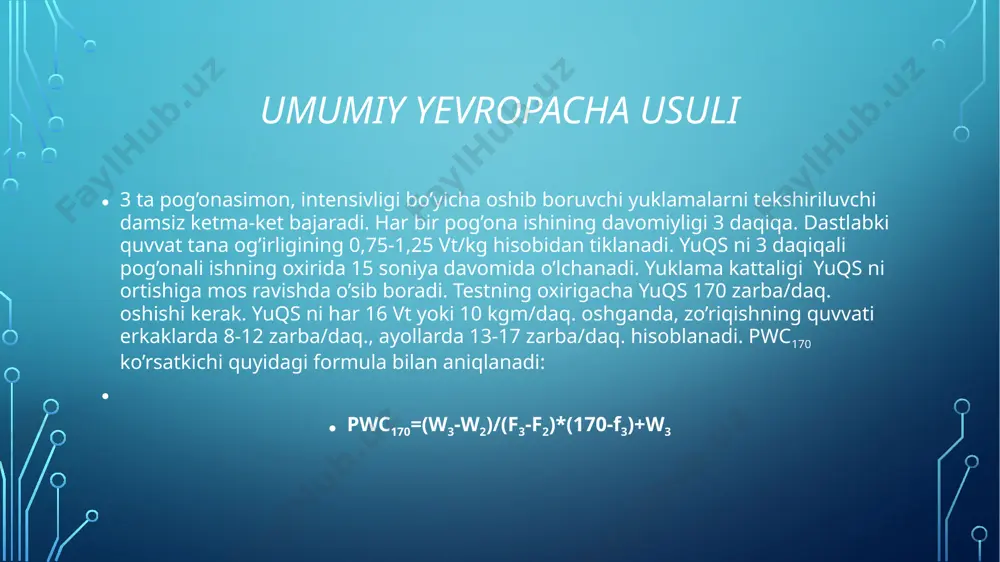 l tashkil qilishi kerak. jismoniy mehnatga layoqatlilikni l.vaynbaum bo’yicha quyidagicha aniqlanadi: buning uchun 15, 30, 40 sm bo’lgan pog’onalar ishlatiladi va quyidagicha o’tkaziladi: 1. quyida keltirilgan jadval bo’yicha pog’onalar ko’tarilishining individual soni topiladi. uni tekshiriluvchi og’irligi va ko’zlangan birinchi yuklamaga binoan topiladi. 2. ekg elektrodlarini har bir yuklamadan so’ng o’rganib, puls qayd qilinadi (ekgda r-r interval bo’yicha). 3. birinchi n1 yuklamani bir siklini 2 soniya davomidagi tempda olib borish, oxirgi 3-sikl yuklamadan so’ng ekg da puls tezligi aniqlash (f1) step-test bo’yicha tekshiriluvchi pog’onali o’zgarishga bog’liq bo’lgan yosh quvvatni aniqlash uchun jadval (l. vaynbaum) daqiqalar og’irlik, kg 30 35 40 45 50 55 60 65 70 75 80 85 90 15 sm 10 68 79 90 110 113 124 135 146 158 169 180 191 203 15 102 109 135 152 169 186 203 220 237 254 271 287 304 20 136 158 180 202 225 247 270 293 315 338 …