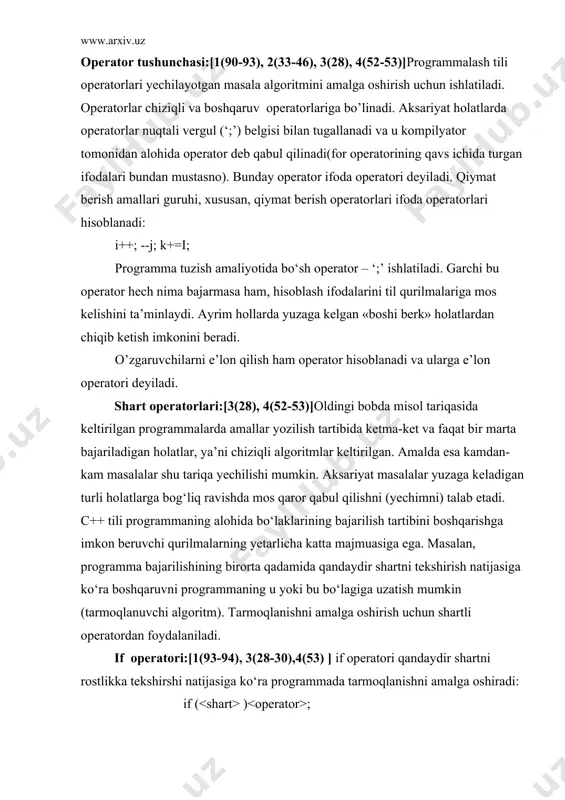 f operatori qandaydir shartni rostlikka tekshirshi natijasiga ko‘ra programmada tarmoqlanishni amalga oshiradi: if ( ) ; bu yerda har qanday ifoda bo‘lishi mumkin odatda u taqqoslash amali bo‘ladi. agar shart 0 qiymatidan farqli yoki rost (true) bo‘lsa, bajariladi, aks holda, ya’ni shart 0 yoki yolg‘on (false) bo‘lsa, hech qanday amal bajarilmaydi va boshqaruv if operatoridan keyingi operatorga o’tadi (i (agar u mavjud bo‘lsa). ushbu holat 4.1 –rasmda ko‘rsatilgan. 1-rasm. if() shart operatorining blok sxemasi c++ tilining qurilmalari operatorlarni blok ko‘rinishida tashkil qilishga imkon beradi.blok – ‘{‘ va ‘}’ belgi oralig‘iga olingan operatorlar ketma-ketligi bo‘lib, u kompilyator tomonidan yaxlit bir operator deb qabul qilinadi. blok ichida e’lon operatorlari ham bo’lishi mumkin va ularda e’lon qilingan o‘zgaruvchilar faqat shu blok ichida ko‘rinadi (amal qiladi), blokdan tashqarida ko‘rinmaydi. blokdan keyin ‘;’ belgisi qo‘yilmasligi mumkin, lekin blok ichidagi har bir ifoda ‘;’ belgisi bilan yakunlanishi shart. quyida keltirilgan programmada if operatoridan foydalanish ko’rsatilgan. programma …