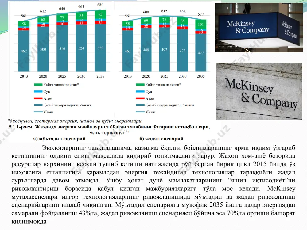0 мвт гача бўлган қуёш электростанциялари; ўсимлик мойи ёки ўтинларни ёқиш ҳисобидан ишлайдиган генераторлар; ер остидаги иссиқ сувлар ёки оқимлар ҳисобидан иссиқлик ва энергия ишлаб чиқарадиган геотермал манбалар; дарёларга ўрнатилган кичик гидротурбиналар; денгиз тўлқини, сувнинг кўтарилиш ёки пасайишидан фойдаланиб ишлайдиган технологиялар. ушбу технологиялар электрэнергияни қазиб чиқариладиган табиий ресурслардан фойдаланмасдан ва атмосферага чиқарилаётган со2 миқдорини қисқартириш имконини беради. йирик гидроэлектростанциялар ҳам шу каби имкониятларга эга бўлса-да, уларнинг фаолияти сув, ер ва дарё экотизимига салбий таъсир қилади. шу сабабли йирик гидроэлектростанциялар томонидан ишлаб чиқариладиган электрэнергия экологик тоза ҳисобланмайди. 2020 йилда жаҳон бўйича covid-19 падемияси билан боғлиқ чекловларни жорий этишнинг фаоллашуви натижасида энергияга бўлган талаб кескин қисқарди. жумладан, 2020 йилнинг биринчи чорагида жаҳоннинг электрэнергиясига талаби 2,5%га, кўмир ва нефтга бўлган талаби эса мос равишда 8 ва 5%га қадар қисқарди. электрэнергия ишлаб чиқаришнинг ягона манбаи ҳисобланган тикланадиган энергияга бўлган талаб эксплуатация харажатлари ва соҳадаги имтиёзлар туфайли ўсганлигини кузатиш мумкин. жумладан, 2020 йил 10 мартдан …