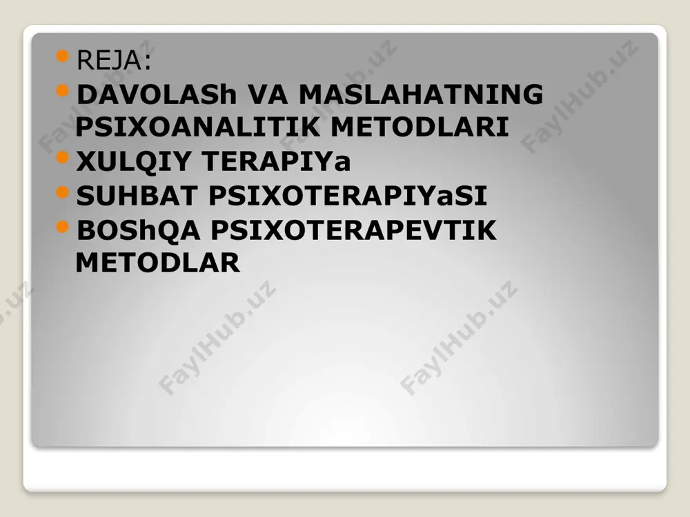 batlar bo’yicha ijobiy omil sifatida idrok qilinadi. birlamchi terapiyaning psixoanaliz bilan ko’p jihatdan o’xshashligi bor. ushbu terapiyaning asosiy quroli regressiya bo’lib, pasiyent himoya mexanizmlarining mavjudligi sababli boshqa holatlarda kirish yo’li berkitilgan og’riq, qo’rquv, azob-uqubat, umidsizlik va g’azabning ongsiz sohasiga g’arq bo’ladi. buning oqibatida ilk bolalikning fojiali kechinmalari bilan bog’liq bo’lgan «birlamchi dard, alam” ochiladi. noxush emosiyalar yoki boshqacha aytganda “primula»ning qayta jonlanishi pasiyentga o’zining tiyib qo’yilgan «birlamchi dod-faryodini» ochiq namoyon qilishga, ya’ni uyalmasdan yig’lash, shikoyat qilish, jaxdi chiqishi va hokazoga imkon beradi. bu narsa, o’z navbatida, uni bezovta qilayotgan simptomlarning yo’qolishiga olib keladi. ma’lum ma’noda birlamchi terapiya psixoanalizdan ham jur’atliroq tadbirdir. birlamchi terapiya doirasida qorong’ilashtirilgan xonalarda o’tkaziladigan uzoq muddatli guruhli seanslar tufayli yanada chuqurroq va uzoq muddatli regressiyaga erishish, hatgo psixoanalitik seanslarga nisbatan ham ma’lum ma’noda samaraliroq natijalar berishi mumkin. biroq, shu narsani yana bir marta ta’kidlash zarurki, yuqorida sanab o’tilgan terapiyaning barcha turlari ham qoniqarli emas: xulqiy terapiya inson …