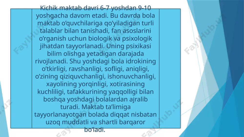 radigan, darsda o`zini yaxshi tutadigan o`quvchilar ortiqcha yuklama yoki emotsional hayajon natijasida birdan o`zgarib qoladi. ularda depressiya, apatiya paydo bo`ladi. o`qituvchilar o`quvchini go`yo almashtirib qo`yishdi, u o`qishga qiziqmay qo`ydi deb aytadilar. ota-onalar bolaning maktabga borishi, uy vazifasini bajarishni xohlamayotganini, uning tutqich bermasligi, juda asabiy bo`lib qolganini aytishsa, o`qituvchilar bu bolalarning darsda diqqatsizligida tartibsizligida, tingdoshlari bilan tez-tez aytishib qolishlariga e`tibor berishmokda. bunday bolalarda asabiy ruhiy buzilish, psixik rivojlanishda orqada qolish vujudga keladi. bolalar maktabda o`qishga qanchalik tayyor bo`lmasalar, maktabda moslashish davri shunchalik qiyin va uzoq o`tadi. kichik maktab yoshidagi bolalarning xulq-atvor xususiyatlari. kichik maktab davri 6-7 yoshdan 9-10 yoshgacha davom etadi. uning psixikasi bilim olishga yetadigan darajada rivojlanadi. kichik maktab yoshidagi bolaning muhim xususiyatlaridan biri, unda o‘ziga xos ehtiyojlarning mavjudligidir. bu ehtiyojlar o‘z mohiyatiga ko‘ra faqat muayyan bilim, ko‘nikma va malakalarni egallashga qaratilmay, balki o‘quvchilik istagini aks ettirishdan ham iboratdir. shu ehtiyojlar asosida bolaning o‘z portfeliga, shaxsiy o‘quv qurollariga, dars tayyorlash …