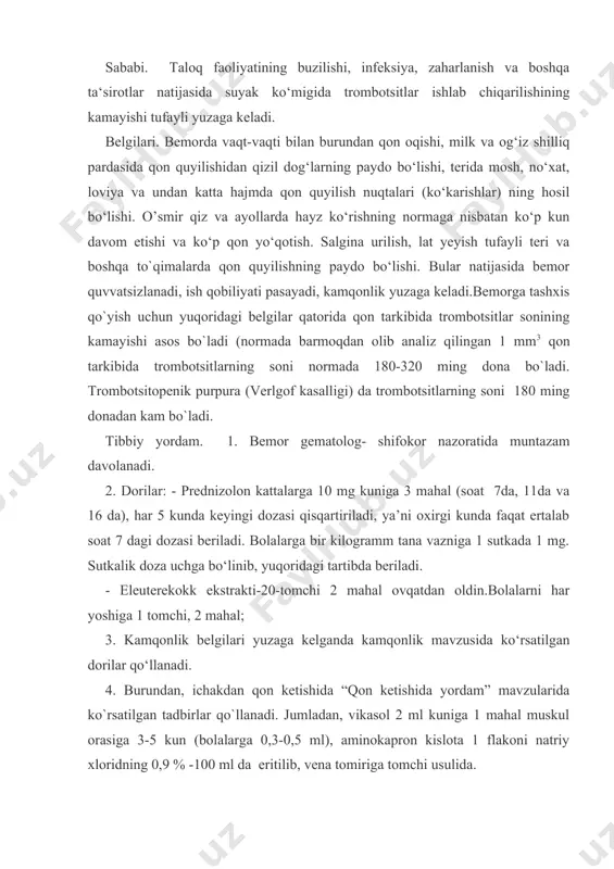 ‘iz, ichak shilliq pardasida, qorinning ichkarisida ichaklarni o`rab turadigan peritonial pardada qon quyilish nuqtalari hosil bo‘ladi.qon quyilish bo‘g‘imlarda bo‘lsa ular shishadi,og‘riydi,ichak devorlari,qorin pardasida qon quyilish hosil bo‘lsa,qorinda kuchli og‘riq bo‘ladi. tibbiy yordam. 1. bemor to‘shakka yotqiziladi. 2.qon tomiri devori o‘tkazuvchanligini kamaytiruvchi dorilar: askorutin 1 tab. 2 mahal, askorbin kislota 0,3-2 mahal yoki 5 %-2 ml muskul orasiga, yoki glyukoza 20%-20 ml + askorbin kislota 2 ml birgalikda vena tomiriga. 3. allergiyaga qarshi: prednizolon – trombotsitopenik purpura mavzusida ko`rsatilgan dozada. demidrol yoki suprastin - 1 tab. 2 mahal. gemofiliya. vaqt-vaqti bilan burundan, ichaklardan qon ketishi, arzimagan jarohatdan ko‘p qon ketishi bilan kechadigan irsiy kasallikdir. sababi. avloddan-avlodga genlar orqali beriladi. gemofiliya erkaklarda namoyon bo‘ladi. ayollarda esa kasallik belgilari paydo bo`lmaydi. ular kasallangan genlarni o`zining bo`lg`usi avlodiga tuxum hujayralari orqali o‘tkazadi. belgilari. bemorda vaqt-vaqti bilan burundan, ichaklardan qon ketish yuzaga keladi. kichkina jarohatdan ko‘p qon ketadi,chunki bu kasallikda qonning ivish xususiyati pasaygani uchun, …