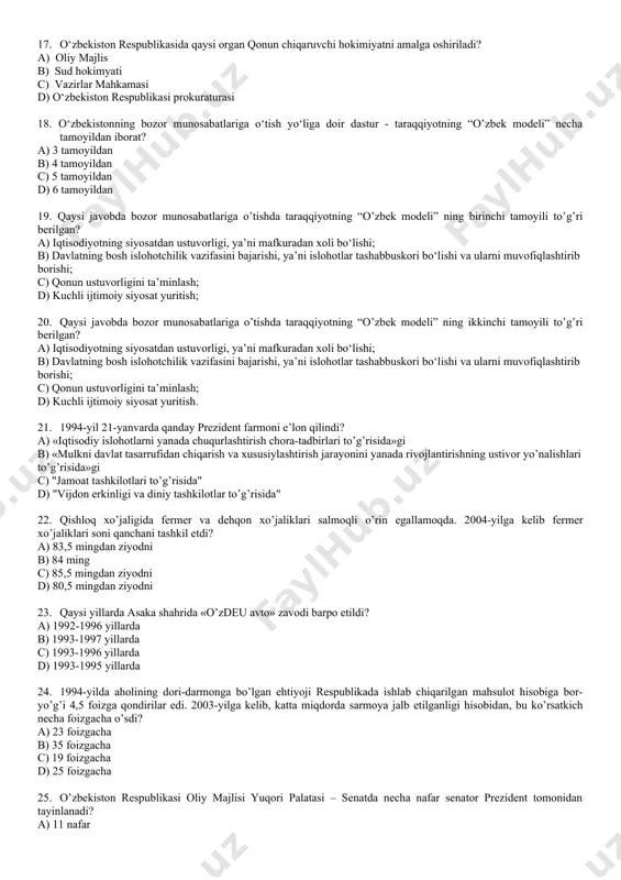 vii sessiyasida 1991-yil 30-oktyabr kuni 12. qachondan boshlab o’zbekistonda so’m-kupon muomalaga kiritildi, uning kursi oldin muomalada bo’lib kelgan rublga tenglashtirilgan edi? a) 1993 yil 1 noyabrda b) 1992 yil 1 noyabrda c) 1993 yil 10 noyabrda d) 1993 yil 1 sentyabrda 13. “o‘zbekiston respublikasining davlat bayrog‘i to‘g‘risida”gi qonun respublika oliy kengashi tomonidan qachon qubul qilindi? a) 1991 yil 29 dekabrda; b) 1991 yil 18 noyabrda; c) 1991 yil 20 iyunda; d) 1992 yil 2 martda; 14. mamlakatimiz rahbari ........ yilni «obod mahalla yili» deb elon qildi. a) 2001-yil b) 2002-yil c) 2003-yil d) 2004-yil 15. 1992-yil 4-yanvаrdа…. a) prеzidеnt i.kаrimоv оliy kеngаsh оldidа qаsаmyod qildi b) o’zbеkistоndа visе-prеzidеnt lаvоzimi tugаtildi c) оliy kеngаshning nаvbаtdаn tаshqаri ix sеssiyasi bo’ldi d) hаmmа jаvоblаr to’g’ri 16. o‘zbekiston respublikasida qaysi organ ijro etuvchi hokimiyatni amalga oshiriladi? a) oliy majlis b) sud hokimyati c) vazirlar mahkamasi d) o‘zbekiston respublikasi prokuraturasi} 17. o‘zbekiston respublikasida qaysi organ …