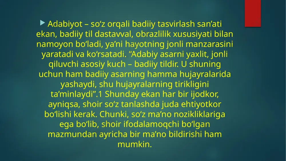 t. “yuragimni armon yolmadi” [98] misrasida adabiy tildagi yamlamoq so‘zining ijodkor shevasiga xos vaarianti qo‘llangan. bunday misollar faxriyor ijodida ko‘plab topiladi. zero, ifoda ta’sirchan chiqishi har qanday ijodkor o‘z tilini nafaqat adabiy tildagi, balki shevaga oid so‘zlar bilan ham boyitadi. chunki, sof adabiy tilda yozilgan asar sun’iylikka yuz tutib, o‘quvchini zeriktiradi. shuning uchun ham ijodkor o‘z badiiy tilini shevaga xos so‘zlar, shoirona topilmalar yordamida boyitiladi. “she’r – shoir ijodining mahsuli. shoir – jamiyatning bir parchasi, uning ijtimoiy, maishiy, madaniy hayot tarzidan ta’sirlanib yashagan inson. bas, shunday ekan, jamiyat hayotidagi u yoki bu darajadagi o‘zgarishlar shoir ijodida u yoki bu shakldagi janr va ifoda yo‘sinlarini paydo qiladi.”5 darhaqiqat, shoir o‘zi yashab turgan makon va zamondan ilhom oladi, o‘z davridagi ijtimoiy muammolarni ko‘tarib chiqadi va bu, albatta, ijodkorning badiiy tiliga ham o‘z ta’sirini ko‘rsatadi. faxriyor ijodida ham bu holat o‘z ifodasini topgan. she’rlarda “ucell bilan beelinening arqog‘i bo‘sh to‘lqinlaridan” yoki “wifi yoki …