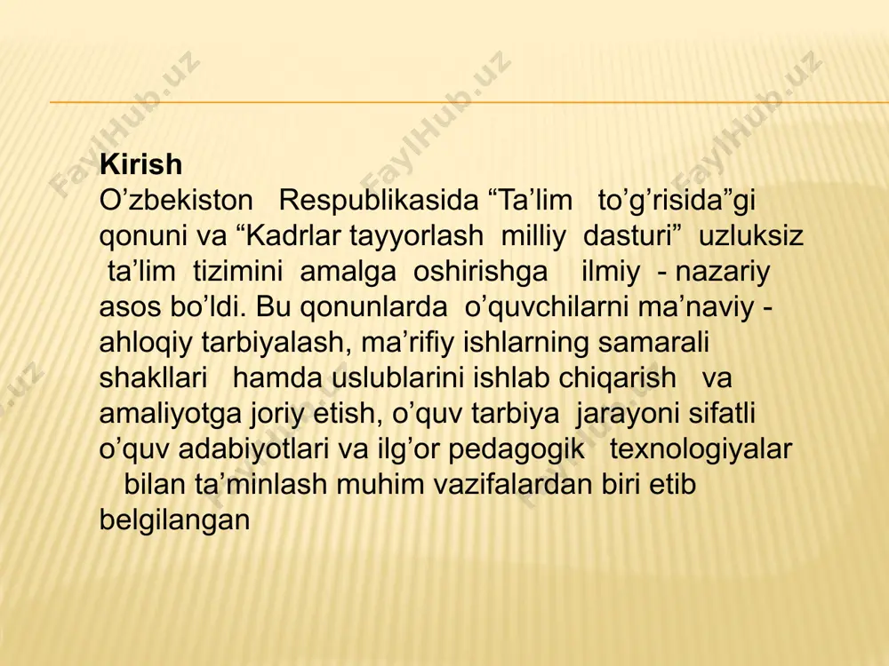 dlar, kimyo darslariga, laboratoriya mashg’ulotlariga qo’yiladigan talablar haqida ma’lumot berilgan. bundan tashqari anorganik va organik kimyoning dastlabki tushunchalarini o’qitish metodikasi, 7,8,9-sinflarning nazariy konsepsiyalari haqidagi ma’lumotlar keltirilgan laboratoriya 1. elеktrоliz. suyuqlаnmаlаr vа suvli eritmаlаr elеktrоliziga oid kimyoviy eksperimentlar o`tkazish tuzish elеktrоlizga oid kimyoviy eksperimentlar o`tkazish tuzish. 2. suyuqlаnmаlаr vа suvli eritmаlаr elеktrоliziga oid kimyoviy eksperimentlar o`tkazish tuzish. o’quv mashg’ulotining maqsadi: mavzu bo’yicha umumiy tushuncha berish. elеktrоliz. suyuqlаnmаlаr vа suvli eritmаlаr elеktrоliziga oid kimyoviy eksperimentlar o`tkazish tuzishga oid bilim va ko’nikmalarni shakllantirishdan iborat tadqiqot vazifalari: - kimyo kursida “tajribaviy eksperimentdan foydalanish” mavzusiga oid adabiyotlarni o’rganib chiqish; - “kimyoni o’qitishda ” o’qitishga axborot texnologiyalarini joriy qilish; - “otkazilgan tajribalarni” aniqligiga ishonchligiga o’qituvchini o’zi ishonch hosil qilishi - pedagokik eksperiment yordamida aprobatsiya qilish( sinab ko’rish) va ular asosida “labaratoriya darslarini tashkil etish” bo’limini mavzularini o’qitish metodikasini yaratish; natriy xlorid eritmasining elеktrolizi laboratoriyada qo’ng’iroq tipida elеktrolizyor yasash ancha oson va oddiy bo’lib bunda katod va …