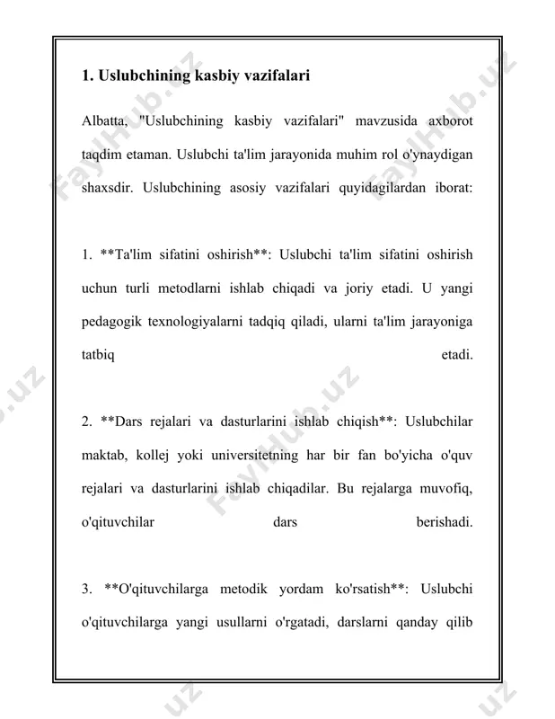 tarbiyachi tarbiyaning asoslari tarbiyachi tarbiyaning asoslari haqida gap ketganda, bu mavzuda ko‘plab holatlar va yo‘nalishlar mavjud. tarbiya, asosan, bolalarni axloqiy, ma’naviy, ijtimoiy va intellektual rivojlantirish jarayonini anglatadi. ushbu jarayon jamiyatning asosiy va eng muhim poydevorlaridan biri hisoblanadi. chunki kelajak avlodning shakllanishi va rivojlanishi bevosita tarbiyaga bog‘liq. tarbiya haqida gapirganda, birinchi navbatda oila muhim ahamiyatga ega. oila - bolalar tarbiyasining boshlang'ich muhitidir. oilaning ijtimoiy-iqtisodiy holati, madaniy va ma'naviy qadriyatlari bolalar ongida ko‘p yillik iz qoldiradi. statistik ma'lumotlarga ko‘ra, muvaffaqiyatli va ijobiy muhitda o‘sgan bolalar kelajakda o‘qish va ishlashda yuqori natijalarga erishishlari mumkin. o‘zbekistonda, masalan, bolalar tarbiyasi masalalariga katta e’tibor qaratiladi. bu borada davlatning ta’lim va ma’naviyat siyosati muhim rol o‘ynaydi. har yili minglab yangi maktablar va ta'lim muassasalari quriladi, bu esa bolalarning ta'lim olish imkoniyatlarini kengaytiradi. o‘zbekistonda ta’lim yoshidan boshlab bolalarga axloqiy-me’yoriy bilimlar beriladi. shuningdek, o‘qituvchilar va tarbiyachilar uchun malaka oshirish kurslari tashkil etilgan bo‘lib, bu ularning kasbiy ko‘nikmalarini yanada takomillashtirishga …