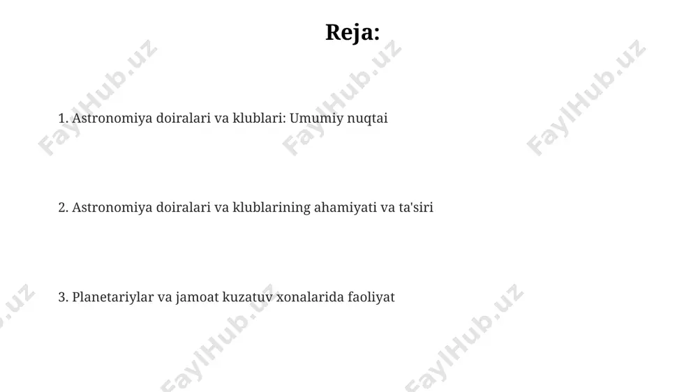 saturnning halqalarini kuzatish bo'yicha 3 ta muvaffaqiyatli seminar o'tkazdilar. samarqanddagi yosh astronomlar uyushmasi 15-20 yosh oralig'idagi 50 dan ortiq yosh olimlarni birlashtirib, 2023-yilgi xalqaro astronomiya olimpiadasiga 3 nafar ishtirokchini tayyorladi. astronomiya doiralari va klublari o'zbekistondagi 10 dan ortiq planetariylar va 5 ta yirik kuzatuv markazlarida faoliyat yuritadi, ular yillik 200 dan ortiq tadbirlar o'tkazishadi. e'tiboringiz uchun rahmat @taqdimot_robot image2.png image1.png