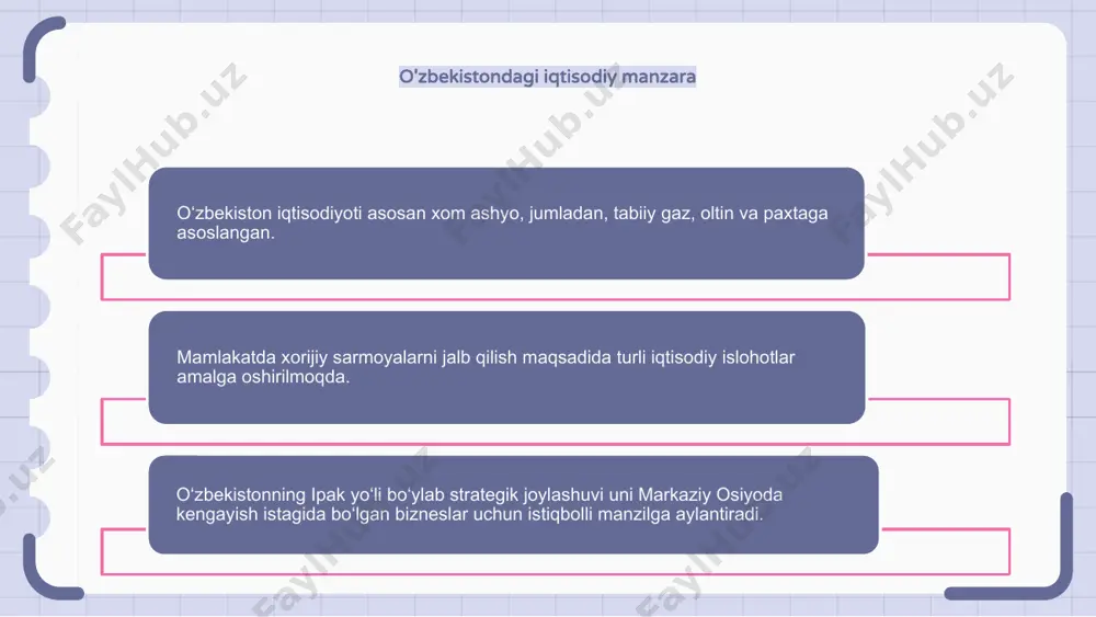 ikni qadrlashadi, shuning uchun alohida shaxslarga ularning unvonlarini to‘g‘ri aytib murojaat qilish va rasmiy salomlashishdan foydalanish tavsiya etiladi. oʻzbekistonlik ishbilarmon hamkasblaringiz bilan shaxsiy aloqalarni oʻrnatish ham muhim, chunki ishonch va yaqinlikni mustahkamlash oʻzbekistonda muvaffaqiyatli ishbilarmonlik munosabatlarining kalitidir. muvaffaqiyat hikoyalari: o'zbekistonda rivojlanayotgan bizneslar o‘zbekistonda tadbirkorlik faoliyati qulay iqtisodiy sharoit va davlat tomonidan ko‘rsatilayotgan yordam tufayli rivojlanib bormoqda. mamlakatda jozibador investitsion imtiyozlar va barqaror ishbilarmonlik muhiti mavjud. bir qancha muvaffaqiyat hikoyalari o‘zbekiston bozoridagi o‘sish imkoniyatlarini ta’kidlaydi. turli sohalardagi kompaniyalar katta foyda ko'rdi va o'z faoliyatini kengaytirdi. hukumatning iqtisodiy islohotlarga sodiqligi va xorijiy investorlar uchun ochiqligi o‘zbekistonda biznes muvaffaqiyatini ta’minlashda hal qiluvchi rol o‘ynadi. e'tiboringiz uchun rahmat