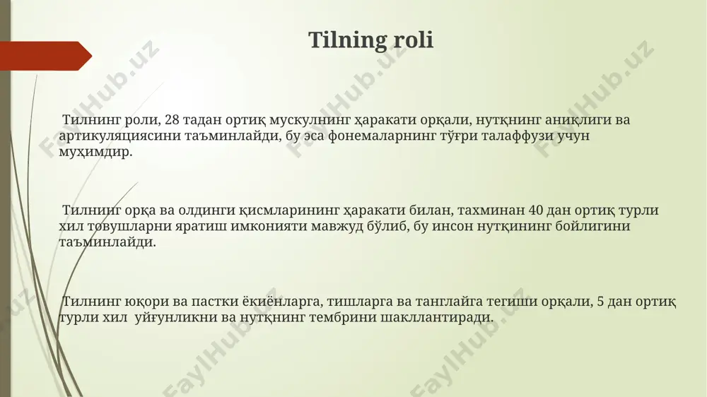 nini beradi. frantsiyada o'tkazilgan tadqiqotlar shuni ko'rsatdiki, rezonans bo'shliqlari hajmining 10% o'zgarishi ham tovushning timbriga sezilarli ta'sir ko'rsatishi mumkin. e'tiboringiz uchun rahmat @taqdimot_robot