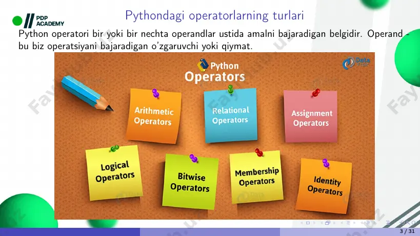 2 a += 2 3 print(a) natija: 9 3 bo‘lish va tayinlash (/=). 4 ko‘paytirish va tayinlash (*=). 17 / 31 qiymat berish operatorlari: 5 qoldiqli bo‘lish va tayinlash (%=). 6 qoldiqli bo‘lish va tayinlash (%=). 7 darajaga ko‘tarish va tayinlash (**=). 8 buntun bo‘lish va tayinlash (//=). 18 / 31 python mantiqiy operatorlari bular bir nechta shartlarni birlashtirish uchun ishlatishingiz mumkin bo‘lgan bog‘lovchilar. bizda uchta python mantiqiy operatori bor - and (va), or (yoki), va not (emas)python operatorlari mavjud. 19 / 31 python mantiqiy operatorlari: 1 and – agar operatorning ikkala tomonidagi shartlar to‘g‘ri bo‘lsa, u holda ifoda to‘g‘ri bo‘ladi. 1 a = 7 > 7 and 2 > -1 2 print(a) natija: false 2 or – operator ikkala qiymat ham yolg‘on bo‘lsagina ifoda false hisoblanadi. aks holda, bu true. 1 a = 7 > 7 or 2 > -1 2 print(a) natija: true 20 / 31 3 not …