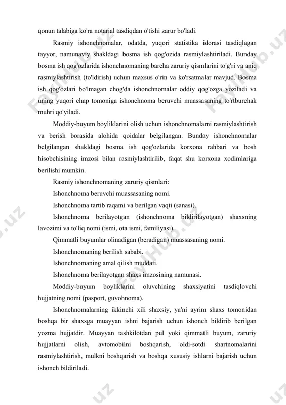 obilni boshqarish, oldi-sotdi shartnomalarini rasmiylashtirish, mulkni boshqarish va boshqa xususiy ishlarni bajarish uchun ishonch bildiriladi. shaxsiy ishonchnomalarning eng ko'p tarqalgani pul (maosh, nafaqa va boshqalar) olish uchun yozilgan ishonchnomadir. bunday yozma vakolat ba'zan vakolat beruvchining talabi, xohishi bilan notarial tasdiqlanishi ham mumkin, lekin uni majburiy notarial tasdiqdan o'tkazish shart emas. ishonch bildiruvchi shaxsning imzosi u ishlayotgan yoki o'qiyotgan joy rahbariyati, u yotib davolanayotgan tibbiy muassasa ma'muriyati, harbiy qism qo'mondonligi va shu kabilar tomonidan tasdiqlanishi mumkin. shaxsiy ishonchnoma erkin usulda, odatda, qo'lda yoziladi, lekin unda, albatta, quyidagi zaruriy qismlar bo'lmog'i kerak: hujjatning nomi (ishonchnoma). ishonch bildiruvchining to'liq nomi (ismi, ota ismi, familiyasi). ishonchli shaxs (ishonchnoma berilgan shaxs)ning to'liq nomi. ishonchnoma mazmuni (topshirilgan vazifalarni aniq ko'rsatish). topshirilgan vazifalar amalga oshirilishi zarur bo'lgan muassasaning nomi. ishonch bildiruvchining imzosi. berilgan (yozilgan) vaqti. ishonch bildiruvchining imzosini tasdiqlagan shaxsning lavozimi va imzosi. ishonch bildiruvchining imzosi tasdiqlangan sana va yumaloq muhr. tilxat pul, hujjat, qimmatbaho buyumlar yoxud …