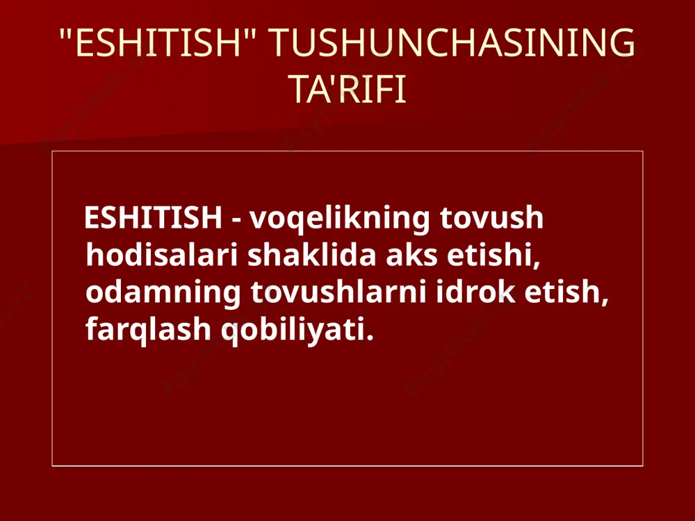 ividual eshitish apparatlari eshitish qoldigiga tayanish mikrofonlar, naushniklar, audio va televizion uskunalar kompyuterlar eshitish qobiliyati zaif bolalarning ta'lim xususiyatlari ii turdagimaktab ta’lim jarayonining uzaytirilganligi frontal mashg'ulotlar uchun maxsus sharoitlar yaratish-mikrofonli sinflari surdopedagog dars o`tadi maxsus audio vositalardan foydalanish tovushlar talaffuzidagi kamchiliklarni bartaraf etish bo`yicha logoped mashg’ulotlari labdan o`qishga o`rgatish eshitish qobiliyatining pasayishi darajasi-bola qanchalik yomon eshitsa, u shunchalik yomon gapiradi; eshitish qobiliyatining buzilishi vaqti - bu qanchalik erta sodir bo'lsa, nutqning buzilishi tuzatish shunchalik qiyin bo'ladi; eshitish shikastlanishidan keyin bolaning rivojlanish shartlari-normal nutqni saqlash va tarbiyalash uchun maxsus choralar qanchalik tez amalga oshirilsa, natijalar shunchalik yaxshi bo'ladi; eshitish qobiliyati zaif bolaning umumiy jismoniy va aqliy rivojlanishi - jismonan baquvvat, aqlan barkamol, faol bolaning nutqi jismonan zaif, passiv bolaga qaraganda ancha rivojlangan bo'ladi. eshitish qobiliyati buzilgan bolaning nutqini rivojlantirishga ta'sir qiluvchi omillar : eshitish qobiliyati cheklangan bolalar uchun integratsiyalashgan ta'lim o'qituvchi quyidagi qoidalarga rioya qilishi kerak : ota-onalar va tibbiyot xodimi …