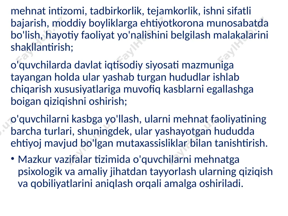 at ko'nikmalarining ortib borishi, jismoniy sifatlarning takomillashuvi va sog‘lig‘ining mustahkamlanishiga har tomonlama yordam beradi. jismoniy tarbiyaning vazifalari quyidagilar: 1. inson a’zolarining funktsional kamoloti (ichki a’zolar, asab va harakat, suyak-muskul tizimi, tana uyg’unligi va ularning funktsional faoliyatini boshqarish layoqati)ga egalikni ta’minlash. 2. o’quvchilarning sog’ligini mustahkamlash. 3. ularni gigiena qoidalariga amal qilishga ko’niktirish. 4. o’quvchilar mohirligini har tomonlama o’stirish. 5. o’quvchilarning jinsiy jihatdan to’g’ri kamolga yetishlari uchun sharoit yaratish. 6. o’quvchilarda mustahkam iroda, qat’iy xarakter, intizomga so’zsiz amal qilish ko’nikmalarini shakllantirish nafosat tarbiyasi haqida tushuncha. nafosat tarbiyasi (estetik tarbiya - lotincha «estezio» go'zallikni his qilaman) - o'quvchilarni voqelik, tabiat, ijtimoiy va mehnat munosabatlari va turmush go'zalliklarini anglash, idrok etish va to'g'ri tushunishga o'rgatish, ularning badiiy didini o'stirish, ularda go'zallikka muhabbat uyg'otish, ular tomonidan go'zallikni yaratish qobiliyatlarini tarbiyalashga yo'naltirilgan pedagogik jarayon. nafosat tarbiyasi «badiiy tarbiya» sifatida ham qo'llaniladi. umuman, nafosat tarbiyasi keng ma'noga ega bo'lib, faqat san'at vositasidagina emas, balki, hayot, mehnat, ijtimoiy …