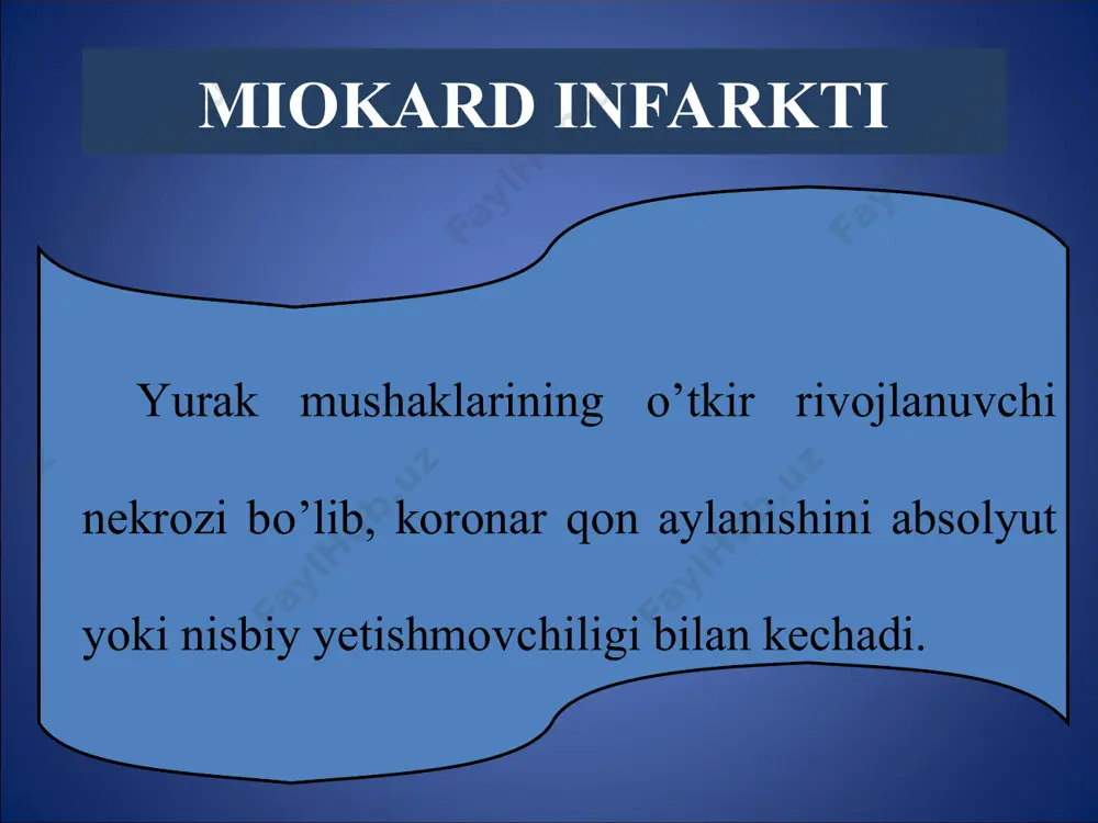ida o’zgarishlari bilan o’tadigan miokard infarkti (mayda o’choqli) st – segmentining ko’tarilishi bilan o’tadigan miokard infarkti (intramural) – yaxshi kechishga ega, lekin retsidivlanish ehtimoli yuqori, tromboliik terapiya ko’rsatilgan st – segmentining depressiyasi bilan bo’ladigan miokard infarkti (subendokardial) – og’ir kechishga ega, oqibati yaxshi bo’lmaydi miokard infarktining ekg belgilari bo’yicha tasnifi anginoz shakli miokard infarktining atipik shakllari: *gastralgik shakli (2-3%) *astmatik shakli (5-10%) *serebral shakli (3-5%) *og’riqsiz shakli (aritmik) *shishli shakli miokard infarktining klinik shakllari klinikasi shikoyatlari: og’riq ko’p terlash hansirash keskin quvvatsizlik gohida betoqatlik ob’ektiv ko’ruv rangparlik sovuq ter bosish gohida betoqat, bir joyda turolmaslik puls infarkt joylashishiga qarab sekin yoki tez/ aqb - past tushishga moyillik auskultatsiya i va ii ton bug’iqlashgan, 20% bemorlarda iii ton aniklanisi – “ot dupuri” ritmi yurak cho’qqisida sistolik shovqin 10% bemorlarda perikard ishqolanish shovqini gohida o’pkaning pastki qismlarida nam xirillashlar miokard infarktini tekshirish usullari ekg (85% to’liq ma'lumot beradi) exokg angiografiya (miokardni qon …