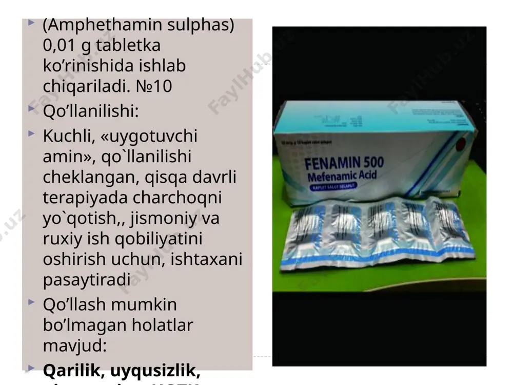2 tadan ichilsin. natriy oksibutirat-natrii oxibutiras- kukun, 20%-10ml ampula, 5%-400 ml sirop shaklida ishlab chiqariladi. kirish va bazis narkozda, tug‘ishni og‘riqsizlantirishda, bosh miyaning gipoksiyali shishida, shoklarda, uyqu chaqiruvchi va tinchlantiruvchi vosita sifatida qo’llaniladi. qo’llanilmaydigan holatlar: gipokaliemiya, miasteniya rp. : solutionis natrii oxibutiratis 20%-10 ml d.t.d.n. 5 in ampullis s. natriy hlorid 0,9 %li 200 ml ga aralashtirib, v/i yuborilsin. fenibut-phenibutum- 0,25 tabletka n 50 ko’rinishida ishlab chiqariladi.ovqatdan oldin, 1/2tabletkadan-3mahal ichish tavsiya etiladi. trankvilizatorga o’xshash ta’sir ko’rsatadi, qo`rquv, havotirni kamaytiradi, uyquni yaxshilaydi, nevroz va psixopatiyalarda qo’llaniladi. rp. : phenibuti 0,25 d.t.d.n. 10 in tabulettis s. 1 tabletkadan ovqatdan oldin ichilsin entsefabol-pyridotolum 0,05/0,1/0,2 g sariq qobiqli tabletka n 60, «encephabolum» draje 0,1 n100, sirupi 200 ml ko’rinishida ishlab chiqariladi.sirop ½-1 choy qoshiqdan 1-3 mahal bolalarga ichish uchun beriladi. bm qon aylanishini va modda almashinuvini, xotirani, diqqat, nutqni yaxshilash maqsadida, gerontologiya va pediatriyada serebrastenik va ensefalopatik buzilishlarda, oligofreniyada qo’llaniladi. epilepsiya, tutqanoq xurujlarida mutlaqo …