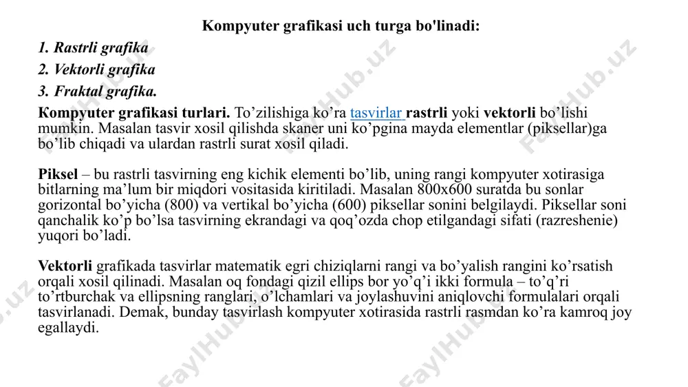 ni tasvirni rastr ko’rinichiga o’tkazish (convert to bitmap) yoli bilan olarniz. rastr tasvirlarni muharrirlaganda piksellar ranglarini da o’zgartirish imkoniyati tugiladi, fahat ranglarni o’zgartirganimizda obyektning formasi uzgarishiga uz tasirini tegizadi. vektor grafikasi matematik obyektlar ustida tashqi qurilmalarga (monitor,printer) bogliqsiz holda amallar bajaradi.vektor grafikasida birinch navbatda obyektning formasi uzgaradi rangi esa ekkinchi darajali bo’ladi. sababi vektor grafikasida rang bilan forma bir-biriga bogliq emas bulib, forma birinchi darajali, rang bo’lsa ikkinchi bulib, faqat toliqtiruvchi xizmatini bajaradi. coreldraw - bu vektorli grafik dastur, ya'ni unda yaratilgan ob'ektlarni matematik formulalar bilan tavsiflash mumkin. bu nima qiladi? avvalo, bunday ob'ektlar mukammal darajada ölçeklenebilir va tahrir qilinadi. odatda diskda juda ko'p joy egallamaydi. to'g'ri tayyorgarlik bilan ular yuqori sifatli bosib chiqarishga imkon beradi. shuning uchun coreldraw-da logotiplar, bannerlar, belgilar ishlab chiqilgan. masalan, coreldraw-da yaratilgan logotip rasm sifatiga putur etkazmasdan ham, kichik biznes kartochkada ham, yo'lning yuqori qismida ham joylashtirilishi mumkin. dastur kanadaning corel kompaniyasi tomonidan ishlab chiqarilgan. …