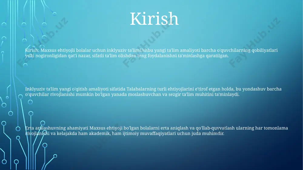 , tushunish va hamkorlikni rivojlantiradi. yaxshilangan akademik natijalar: tadqiqotlar shuni ko'rsatdiki, inklyuziv muhitda ishtirok etadigan alohida ehtiyojli bolalar alohida sharoitlarda bo'lganlarga qaraganda sezilarli darajada akademik yutuqlarga erishishlari va yuqori muvaffaqiyatlarga erishishlari mumkin. inklyuziv ta’limning muammolari 1. qabul qilish va qabul qilish: kengroq maktab hamjamiyatini, jumladan, o'qituvchilar, ota-onalar va o'quvchilarni, ularning qobiliyatlari va kelib chiqishidan qat'i nazar, barcha bolalarni qabul qilish va qadrlashga undash. 2. o'quv rejasini moslashtirish: umumiy o'quv dasturi turli xil ta'lim ehtiyojlari bo'lgan, o'zgartirishlar, turar joylar yoki individual yordamni o'z ichiga olgan talabalar uchun ochiq va mos bo'lishini ta'minlash. 3. o‘qituvchilarni tayyorlash va qo‘llab-quvvatlash: o‘qituvchilarni inklyuziv sinflarda alohida ehtiyojli talabalarni samarali qo‘llab-quvvatlash va joylashtirish uchun zarur bilim, ko‘nikma va resurslar bilan jihozlash. inklyuziv sinflarda o'qituvchilarning roli hamkorlikka ko'maklashish: o'qituvchilar turli qobiliyatlarga ega bo'lgan talabalar o'rtasida hamkorlikni rivojlantirishda hal qiluvchi rol o'ynaydi. ular hamkorlikda o'rganish, tengdoshlarini qo'llab-quvvatlash va tajriba almashish uchun imkoniyatlar yaratadi, jamiyat va tegishli tuyg'ularni rivojlantiradi. shaxsiy …