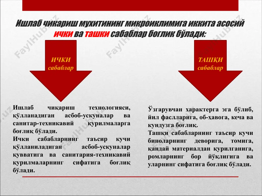ранишларни эса ультратовуш дейилади. ультратовушларни биз эшита олмаймиз, уларни фақат баъзи бир уй хайвонларигина эшита олади. қаттиқ қисмларнинг тебранишига ва шу тебранишларни жисмларнинг ўзлари ёки бошқа қаттиқ жисмлар орқали узатилишига силкиниш дейилади. силкинишни биз чайқалишдек қабул қиламиз ва уларни тебраниш частотаси 1 гц дан 100 гц гача бўлади. нормал эшитишда товуш тебранишларининг 20 дан-20000 гц гача частотаси қабул қилинади. бунда энг юқори чегара фақат болалар ёшига хосдир. улар балоғатга етган сари эшитиш органлари томонидан қабул қилинадиган товушларнинг частотаси камая боради ва ёш ўтиб қолганида 15000 гц дан ошмайди. саноат корхоналарини ёритиш ёруғлик инсон фаолияти давомида жуда муҳим рол ўйнайди. кўриш инсон учун асосий маълумот манбаи ҳисобланади. умумий олинадиган маълумотнинг тахминан 90% кўз орқали олинади. саноат корхоналарини рационал ёритиш сифатли маҳсулот ишлаб чиқариш шароитини яхшилайди, ишчиларни чарчашдан сақлайди ва иш унумдорлигини оширади. оқилона ёритилган зоналарда ишлаётган ишчиларнинг кайфияти яхши бўлади; шунингдек хавфсиз меҳнат қилиш шароити яратилади ва бунинг натижасида бахтсиз ҳодисалар …