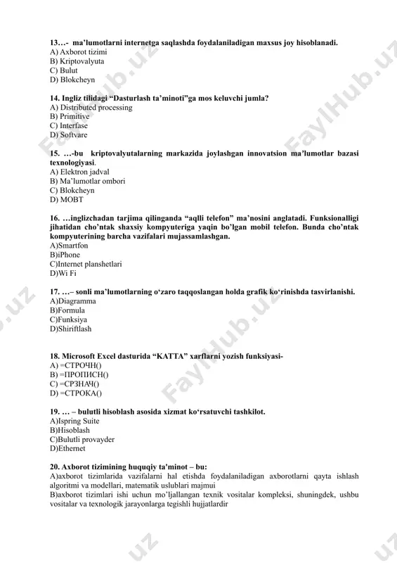 rsitetida amerikalik olim, dasturchi nikolas negroponte tomonidan aniqlab berilgan. a)1995 yil b)2002 yil c)2020 yil d)1997 yil 9. qaysi tushuncha kompyuter dasturlari bilan bog‘liq? a)hardware b)software c)brainware d)office 10. «elektron hukumat» nima? a)davlat organlarini saytlarining internetdagi to’plami b)internet-xavfsizligi tizimi c)axborotlarga elektron ishlov berish, uzatish va tarqatish vositalari asosida davlatni boshqarish tizimi d)har xil davlat organlarida olib boriladigan majlislar va yig’ilishlarning elektron ko’rinishi 11. intеgrаllаshgаn ахbоrоt tехnоlоgiya… a)fоydаlаnuvchining turli, o’zi uchun tаbiiy muhitlаrdаn: оvоz, vidео, grаfikа, mаtnlаr vа boshqalаrdаn fоydаlаngаn хоldа kоmpyutеr bilаn mulоqаt qilish imkоnini bеruvchi аppаrаt vа dаsturiy vоsitаlаr mаjmuаsidir b)insоnning ахbоrоt rеsurslаridа ахbоrоt ihtiyojlаrini qоndirish jаrаyonidir c)mа’lumоtlаrni mаrkаzlаshtirilgаn hоldа sаqlаsh vа jаmоаviy fоydаlаnish uchun dаsturiy vа tехnik vоsitаlаrning mаjmuаsi d)it tехnоlоgiyalаrni o’zаrо аlоqа mаjmuаsi, ya’ni hаr хil tехnоlоgiyalаrni ulаr оrаsidаgi rivоjlаngаn ахbоrоt o’zаrо аlоqаsini tаshkil etish bilаn birlаshishi 12…— bu qiziqishlari oʻxshash yoki oflayn aloqaga ega boʻlgan odamlar oʻrtasida muloqot qilish, tanishish, ijtimoiy munosabatlar yaratish uchun, shuningdek, koʻngilochar …
