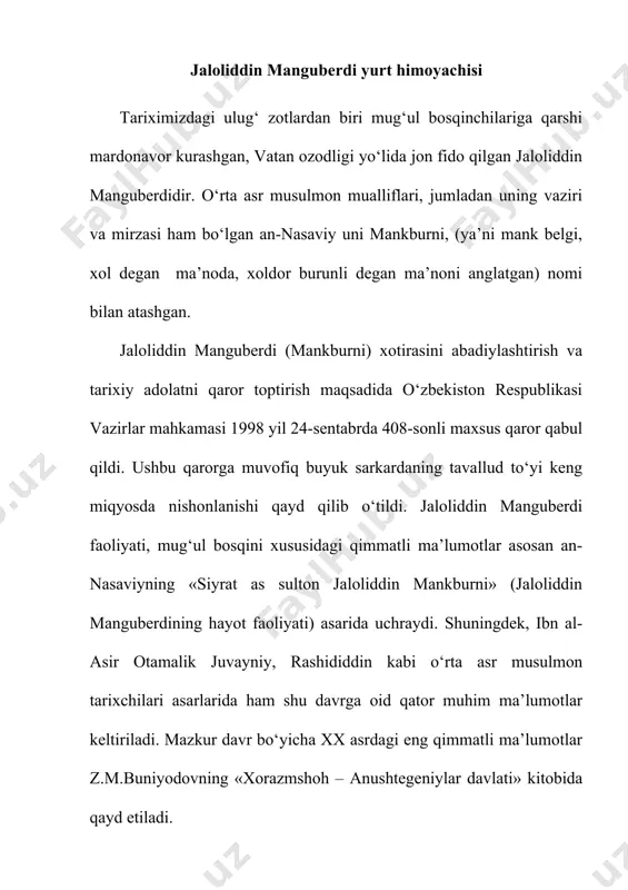 askarlari bilan mug‘ullarning 700 kishilik otryadini zarbaga uchratadi. mug‘ullar batamom mag‘lub etiladi. bu vaqtda jaloliddinning ukalari o‘zloqshoh va oqshohlar sarosimaga tushib, nima qilishlarini bilmay, jaloliddin ketidan ular ham xurosonga ketishadi. mug‘ullarning kichik otryadi ustidan g‘alaba qozonib, bu g‘alabaga juda katta e’tibor berib yuborishadi. shundan so‘ng ayshi-ishratga berilib, xurosonning xabo‘shan shahri yaqinida mug‘ullarga qarshi navbatdagi kurashda qo‘lga tushib, qatl etiladilar. mug‘ullar qatl etilgan shahzodalarning kallalarini namoyishkorona tarzda birmuncha vaqt xurosonda olib yurishadi. jaloliddinning yana bir inisi rukniddin g‘ursanjiy (manbalar unga «aql-zakovat va ko‘rkamlikda tengi yo‘q» deb ta’rif berishgan) eronning ustunavand qal’asida 6 oy mug‘ullarga qarshi kurash olib borib, mardonavor tarzda halok bo‘ladi. jaloliddin esa bu vaqtda nishopurga yetib keladi. bir oy davomida mug‘ullarga qarshi kurashish maqsadida barcha amir, sarkardalarga qo‘shin yig‘ish xususida murojaat qiladi. mug‘ullar uning ushbu faoliyatidan xabardor bo‘lganliklarini bilgach, zavzon (nishopur va hirot oralig‘ida) tumanidagi al-qohira qal’asiga kelib o‘rnashadi. afsuski, bu vaqtda mahalliy noib hokimlar uning atrofida jipslasha ololmaydilar. …