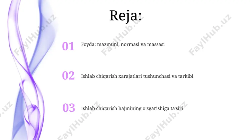 r 100 soʻm, mahsulot miqdori 100 dona boʻlsa, afc 1 soʻmni tashkil etadi, mahsulot miqdori oshishi bilan kamayib boradi. foyda normasi va massasi foyda normasi ishlab chiqarish hajmining o'sishiga to'g'ri va xarajatlar miqdorining o'sishiga teskari mutanosibdir, bu esa korxonaning rentabelligini aks ettiradi. 40 mln. so'm foyda massasi bilan 60 mln. so'm ishlab chiqarish xarajatlari foyda normasini aniqlashda muhim omillar hisoblanadi. doimiy va oʻzgaruvchi xarajatlar oʻzgaruvchi xarajatlar ishlab chiqarish hajmining oʻsishi bilan ortadi, masalan, 100 dona mahsulot uchun 120 ming soʻm, 200 dona uchun 240 ming soʻmni tashkil etadi. doimiy xarajatlar ishlab chiqarish hajmining oʻzgarishiga ta'sir qilmaydi va 0 dan 600 donagacha mahsulot ishlab chiqarilganda ham 100 ming so'mni tashkil etadi. ishlab chiqarish hajmining oʻzgarishiga ta'siri o'zgaruvchi xarajatlar (vc) ishlab chiqarish hajmining o'zgarishiga ta'sir qiladi, masalan xomashyo, materiallar, transport xizmati va shu kabilar. umumiy xarajatlar (tc) doimiy va o'zgaruvchi xarajatlar yig'indisidan iborat. ishlab chiqarish hajmi 100 dan 300 donagacha o'zgarganda o'rtacha …