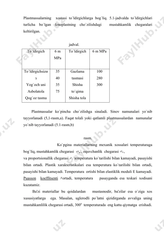 mlik va plastiklik xarakteristikalarini o`zgartirish uchun ularga termik ishlov beriladi. u ma'lum temperaturada qizdirilish va sovitish rejimlaridan iborat bo`ladi. yumshatish uchun po`lat ma'lum temperaturada qizdiriladi, uzoq muddat bu temperaturada ushlab turiladi va keyin asta-sekin sovitiladi. toblash uchun po`lat ma'lum temperaturada qizdiriladi, so`ngra suv yoki moyda sovitiladi. toblangan po`latning mustahkamligi juda yuqori bo`ladi. adabiyotlar: 1. m.t o'rozboyev «materiallar qarshiligi kursi» toshkent, «o'qituvchi» 1979 yil. 2. k.m mansurov «materiallar qarshiligi kursi» toshkent, «o'qituvchi» 1983 yil. 3. a.v darkov, g.s shpirov «soprotivleniye materialov» moskva «vo'sshaya shkola» 1993 g. 4. n.m belyayev va boshqalar, «materiallar qarshiligidan masalalar to'plami» toshkent, «o'qituvchi» 1993 yil. 5. n.m belyayev i dr. «sbornik zadach po soprotivlenin materialov» m, «nauka» 1992 g. _1200558141.unknown _1200558439.unknown _1200559998.unknown _1200560224.unknown _1200558208.unknown _1200558333.unknown _1200557915.unknown _1200558008.unknown _1200557885.unknown _1095745367.unknown