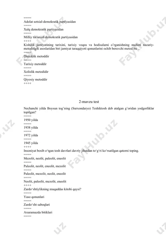 = xorazm viloyatida ==== toshkent shahrida ==== andijon viloyatida ++++ o‘zbek xalqi davlatchiliginig shakllanishi va rivojlanishi necha ming yilliklarga borib taqaladi? ==== 5 ming yillikka ==== 1 ming yillikka ==== 3 ming yillikka ==== 7 ming yillikka ++++ kushon podsholigiga qaysi hukmdor asos solgan? ==== kanishka ==== vima kadfiz ==== yevtedem ==== kudzula kadfiz ++++ vii asrning ikkinchi yarmi, ya’ni 654-yil maymurg‘ va 667-yil chag‘oniyonga hujum qilgan davlat to‘g‘ri ko‘rsatilgan qatorni toping. ==== arab xalifaligi ==== somoniylar davlati ==== qoraxoniylar davlari ==== kushon podsholigi ++++ o‘zbek davlatchiligi tarixida somoniylar davlatiga qaysi hukmdor asos solgan? ==== mahmud somoniy ==== dovud somoniy ==== ismoil somoniy ==== nasr somoniy ++++ xorazmshohlar davlatiga bostirib kelgan mo‘g‘ullar hukmdori to‘g‘ri ko‘rsatilgan qatorni toping. ==== botuxon ==== #chingizxon ==== ibrohim cho‘bin ==== aktaybey ++++ xorazmshohlar davlatining so‘nggi hukmdori kim? ==== jaloliddin mango‘berdi ==== muhammad xorazmshoh ==== alouddin takash ==== mahmud g‘aznaviy ++++ amir temur nechanchi yillarda yashagan? …