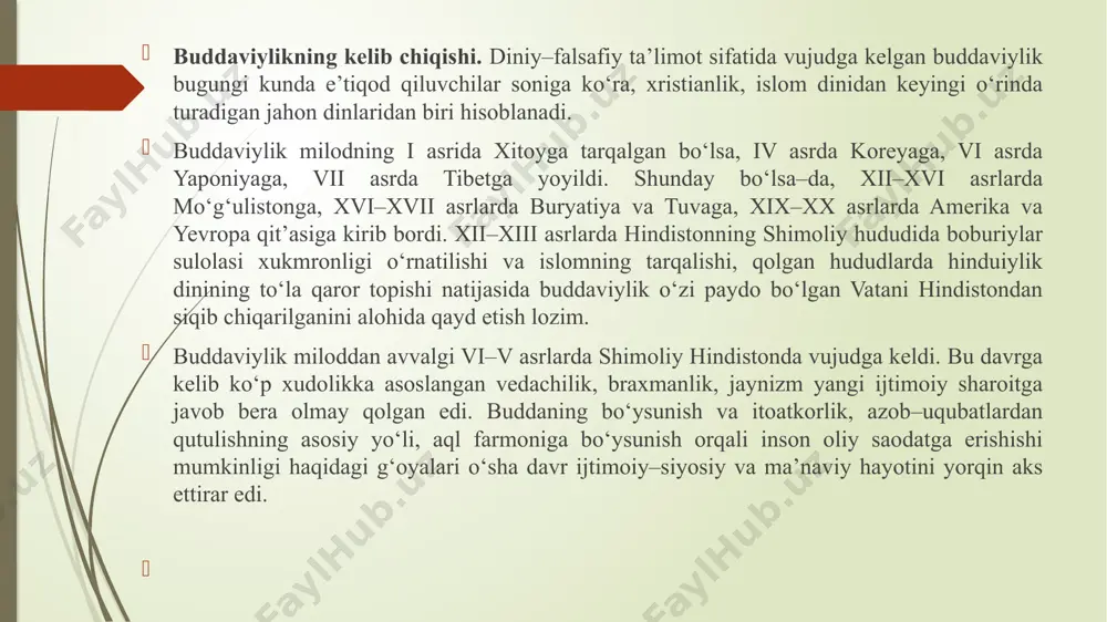 o‘lini ko‘rsata oladigan odam bo‘lgan. budda mil. avv. 563 yilda tug‘ilib, 483 yilda vafot etgan. siddxardxa shakya qabilasining podshosi shuddxodananing o‘g‘li edi. uning saroyi ximolay tog‘lari etagida kapilavasti degan qishloqda bo‘lgan (hozirda nepal hududida). onasi - malika mayya. podshoh o‘g‘lini orzu havaslar og‘ushida tarbiyalab, uni hech bir kamchiliksiz katta qiladi. siddxardxa ulg‘ayib qo‘shni podshohlardan birining qizi yashadxaraga uylanadi va o‘g‘il ko‘rib, unga raxula deb ism qo‘yadi. tarixiy manbalarning dalolat berishicha buddaviylikning asoschisi shahzoda siddxardxa vafot etgandan so‘ng budda -"haqiqatga erishgan" deb atalgan. u ushbu oliy maqsadga erishish uchun gautama urug‘idan bo‘lgan eng obro‘li shak'ya qabilasini tanlagan buddaning “to‘rt haqiqati”. budda ta’limotining asosida “hayot – bu azob–uqubat” va “najot yo‘li mavjud” degan g‘oyalar yotadi. inson o‘ziga xos mavjudot bo‘lib, tug‘iladi, o‘zini–o‘zi halok qiladi yoki qutqaradi. bu g‘oyalar buddaning ilk da’vatida ta’riflangan “to‘rt oliy haqiqat” haqidagi qarashlarda o‘z ifodasini topgan. “azob–uqubat haqidagi haqiqat”. buddaviylikka ko‘ra, har bir tirik jon azob–uqubatni boshidan kechiradi. …