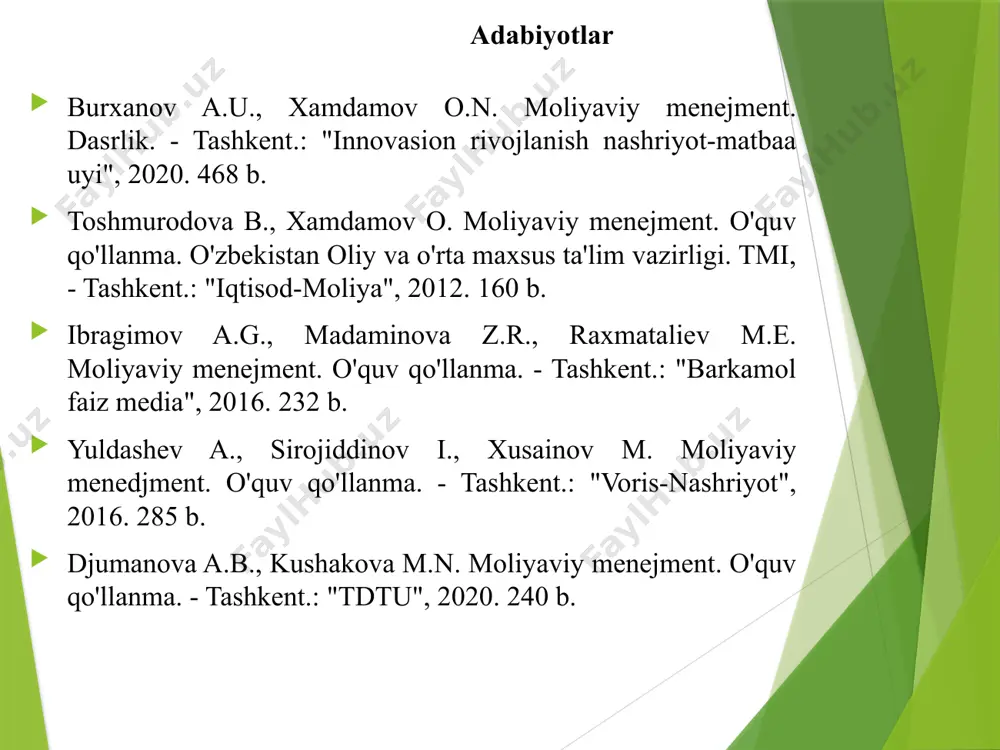 ar kiradi: a. chek, veksel, obligasiya, aktsiya v. aktsiya, veksel, inkassa, akkreditiv s. akkreditiv, to'lov topshiriqnomalari. d. to'lov topshiriqnomalari, talabnomalari, akkreditivlar, cheklar, veksellar. 9. qimmatli qog'ozlar bu : a. aktsiya, obligasiya, qimmatli qog'ozlari, veksel. v. lotareya. s. cheklar. d. talabnomalar. 10. to'lov topshiriqnomasi – bu : a. korxonaning o'z xisob raqamini o'zgartirishi. v. korxonaning unga xizmat ko'rsatayotgan bankka korxona xisobidan ma'lum mablag'ni to'lab berish haqidagi topshirig'i. s. xisob egasi xisobidan oluvchi xisobidan muayyam summani o'tkazib berish. d. korxonaning majburiyyatlarini bank orqali undirib olish. 1. turli mulkchilik shaklidagi korxonalar va ularda moliyaviy boshqaruv xususiyatlarini tushuntiring. 2. kichik korxonalarda moliyaviy menejmentning xususiyatlari nimadan iborat? 3. mas'uliyati cheklangan jamiyatlarda moliyaviy menejmentni tashkil etishning asosiy jihatlarini tushuntiring. 4. aktsionerlik jamiyatlarda moliyaviy menejment xizmatlarini tashkil etishning o'ziga xos xususiyatlari nimadan iborat. mavzu bo'yicha savollar 5. davlat korxonalarida moliyaviy menejment yuritish xususiyatlarini tushuntiring. 6. moliyaviy sanoat guruxlarida moliyaviy menejmentning o'ziga xos jixatlarini tushuntiring. 7. notijorat tashkilotlarida …