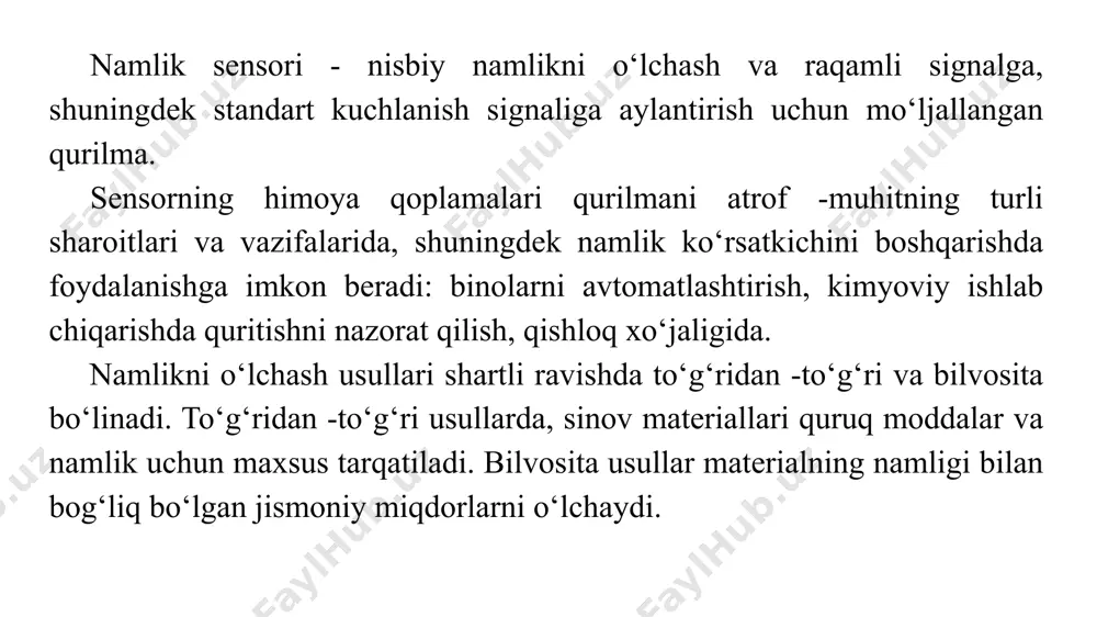 qlar: 1. ma’ruzaning nazariy materialini o‘rganish. 2. bundan tashqari ishlatilgan internet -resurslarni o‘rganing. 3. arduino sxemalarini o‘zingiz ulang. 4. arduino ideda mustaqil ravishda bu ish uchun dastur yozing. havolalar 1. https://prodatchik.ru/vidy/datchik-vlazhnosti/ 2. https://arduino-kit.ru/blogs/blog/project_14 3. https://xdomus.ru/arduino-i-umnyj-dom/monitoring-part2/ 4. http://edurobots.ru/2015/02/arduino-dlya-nachinayushhix-urok-9-podklyuchenie-datchika-temperatury-i-vlazhnosti-dht11-i-dht22/ 5. https://prodatchik.ru/vidy/datchik-vlazhnosti/ thank you that you took the time to watch image1.png image2.png image3.jpeg image4.png image5.jpeg image6.jpeg image7.jpeg image8.jpeg image9.png image10.png /docprops/thumbnail.jpeg