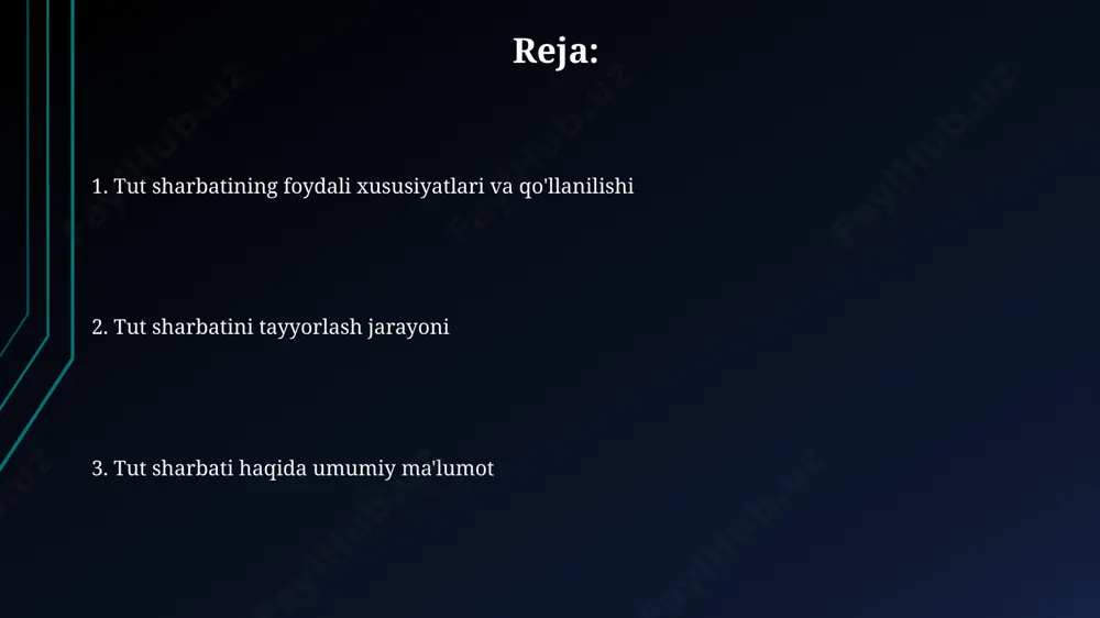 riyati shakar miqdoriga va pishirish vaqtiga ko'ra farq qilar edi. ta'm va hid xususiyatlari toshkent viloyatida yetishtirilgan mulberi navlaridan tayyorlangan murabbo 65-70% meva tarkibiga ega bo'lib, 25-30 gramm shakar qo'shilishi bilan tayyorlanadi. an'anaviy retsept bo'yicha tayyorlangan 250 grammlik murabbo 1,5 soat davomida 85-90°c haroratda qaynatiladi va shu tufayli uzoq muddat saqlanishi mumkin. sterilizatsiya va saqlash сирли сақланиш учун 121°с да автоклавда 25 дақиқа ишлов бериш, музлатгичда 2 йилгача сақлаш имконини беради. бу усул самарқандда кенг тарқалган. тошкентдаги ишлаб чиқариш корхоналаридаги тажрибага кўра, 100°с да 15 дақиқа давомида пастеризация қилиш, 1 йилгача муддатга музлатгичсиз сақлаш учун етарли. tut sharbatining foydalari oʻzbekistonda, xususan samarqand va buxoro viloyatlarida oʻstiriladigan tut mevalaridan tayyorlangan sharbat, tarkibidagi antioksidantlar tufayli 50% gacha qon bosimini pasaytirishga yordam beradi va yurak-qon tomir kasalliklarining oldini olishda samarali hisoblanadi. tut sharbati tarkibidagi tolalar miqdori, taxminan 2-3 gramm, ichak harakatini yaxshilaydi va hazm qilish tizimining normal ishlashini ta'minlaydi, shu sababli, fargʻona vodiysida …