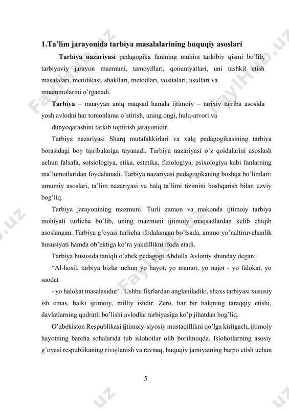 li asarlarida mustaqil respublikada ijtimoiy tarbiyani yo’lga qo’yish maqsadi va vazifalari belgilab berilgan. tarbiya jarayoni o’qituvchi va o’quvchi (tarbiyachi va tarbiyalanuvchi) lar o’rtasida tashkil etiluvchi hamda aniq maqsadga yo’naltirilgan hamkorlik jarayonidir. tarbiya jarayonida tarbiyalanuvchining ongi shakllana boradi, histuyg’ulari rivojlanadi, ijtimoiy hayot uchun zarur bo’lgan ijtimoiy aloqalarni tashkil etishga hizmat qiladigan hulqiy odatlar hosil bo’ladi. tarbiya jarayonida bolalarning hayoti va faoliyatini pedagogik jihatdan to’g’ri uyushtirish g’oyat muhimdir. faoliyat jarayonida bola tashqaridan kelayotgan tarbiyaviy ta’sirlarga nisbatan ma’lum munosabatda bo’ladi. bu munosabat shahsning ichki ehtiyoj va hoxishlarini ifodalaydi. psixolog va pedagoglarning tadqiqotlari shahsga tashxis omillarning hox salbiy, hox ijobiy ta’siri bolaning ularga munosabatiga bog’liqligini ko’rsatadi. bola faoliyatini uyushtirishgina emas, balki tarbiyalanuvchining bu faoliyatga nisbatan turli kechinmalarni qanday anglashi, baholashi, his qilishi, ulardan o’zi uchun nimalarni olayotganligini bilishi zarur. zero, tarbiya ijtimoiy munosabatlarning murakkablashib borishi asosida kechadi. tarbiya jarayonida o’quvchining ongigina emas, balki his-tuyg’ularini ham o’stirib borish, unda jamiyatning shahsga qo’yadigan ahloqiy talablariga muvofiq …