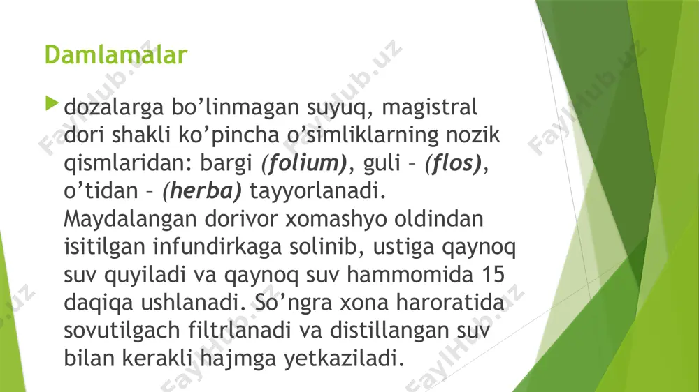 shlatiladi. mag’izli emulsiyalarni qisqartirilgan holda yozish. rp.: dan so’ngra dori shaklining (эмульсия - emulsi), mag’izning (seminum) va o’simlikning nomi (qaratqich kelishigi, birlikda), mag’izning og’irligi va emulsiyaning hajmi ko’rastiladi. so’ngra farmasevtga murojaat: da. signa, va qo’llash usuli yoritiladi. misol: 20 g bodom urug’idan tayyorlangan 200 ml emulsiya yozib, 1 osh qoshiqdan har soatda ichish buyurilsin. rp.: emulsi semina amygdali dulcis ex 20,0 – 200 ml d.s. 1 osh qoshiqdan har soatda ichilsin. mag’izli emulsiyalarni kengaytirilgan holda yozish. avval mag’iz va o’simlikning nomi (qaratqich kelishigi, birlikda), unung miqdori, erituvchining hajmi, farmasevtga ko’rsatma va qo’llash usuli batafsil yoziladi. misol: 20 g bodom urug’idan tayyorlangan 200 ml emulsiya yozib, 1 osh qoshiqdan har soatda ichish buyurilsin. rp.: seminum amygdali dulcis 20,0 aquae purificatae ad 200 ml m. f. emulsum d.s. 1 osh qosiqdan kuniga 3 mahal ichilsin. moyli emulsiyalar esa suyuq moylar – kanakunjut moyi (oleum ricini), bodom moyi (oleum amygdalarum), baliq moyi (oleum …