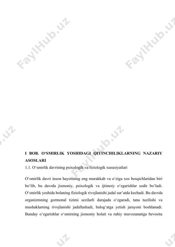 ol o‘ynaydi. o‘smirlik davrida inson jismoniy va ruhiy rivojlanishning eng faol bosqichlaridan birini boshdan kechiradi. bu jarayon ko‘plab o‘zgarishlarni o‘z ichiga oladi va organizmning fiziologik, psixologik hamda ijtimoiy taraqqiyotini o‘z ichiga olgan murakkab transformatsiyalar bilan bog‘liq. o‘smirning jismoniy rivojlanishida bo‘y o‘sishi, tana shaklining o‘zgarishi, mushak tizimining rivojlanishi va gormonal o‘zgarishlar asosiy o‘rin tutadi. aynan shu davrda balog‘atga yetish jarayoni boshlanganligi sababli o‘smirning organizmida sezilarli fiziologik o‘zgarishlar yuzaga keladi. bu o‘zgarishlar esa kayfiyatning beqarorligi, tez charchash, agressivlik yoki tushkunlikka moyillik kabi holatlar bilan kuzatilishi mumkin. psixologik nuqtayi nazardan o‘smirlik davri shaxs shakllanishining eng muhim bosqichlaridan biridir. bu jarayonda o‘smirlar mustaqillikka intilishadi, o‘zlarining kim ekanliklarini anglashga harakat qilishadi va jamiyatda o‘z o‘rinlarini topishga intilishadi. ko‘pincha ular kattalar bilan bahslashish, o‘z mustaqil qarorlarini qabul qilishga urinish yoki o‘ziga xos bo‘lishga intilishadi. shu bilan birga, o‘ziga ishonchsizlik, o‘z qobiliyatlarini shubha ostiga olish kabi holatlar ham uchraydi. bu davrda ijtimoiy identifikatsiya jarayoni ham muhim ahamiyat …