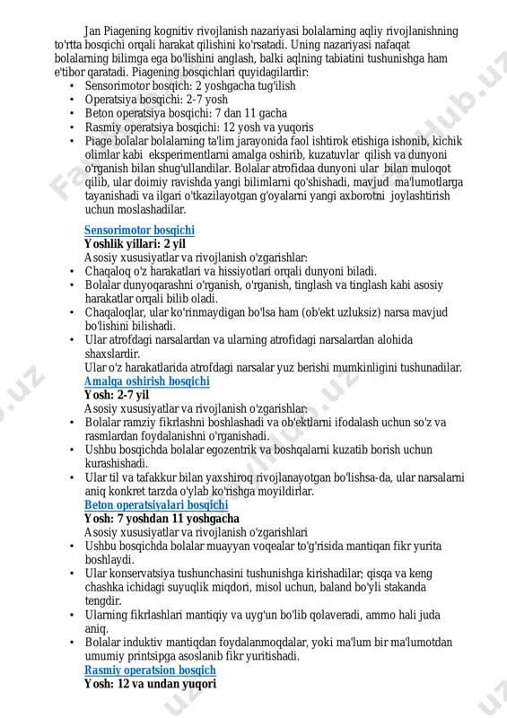 ko„rsatadi. ta’limdagi yondashuvlar maktablar rag„batlantirishni oshirishi va u bilan bog„liq ijtimoiy harajatlarni kamaytirish orqali o„quvchilarlning kreativ fikrlashlarini rivojlantirishda katta rol o„ynaydi; o„quvchilarning bilimini sinash tizimining keskin qolipga solinishi va mas‟uliyatning oshirilishi o„quvchilarning kreativ fikrlashlarini pasaytiradi sinf xonasining psixologik muhiti (salbiy ta’sir) vazifani bajarishning yagona to„g„ri yechimi va savolning birdan-bir to„g„ri javobi bo„lgan g„oyani uzoq saqlab turish (erkin ifoda qila olmaslik); - nima bo„lgan taqdirda ham mavzu rejasidan tashqariga chiqmaslik; -kreativ va mustaqil fikrlash ko„nikmasini noyob qobiliyat deb bilish; -bilimni alohida bo„limlarga bo„lingan tarqoq deb o„ylash; -o„quvchilarning qiziqishlarini va intilishlarini inobatga olmaslik. piaje ishlab chiqkan intellektning operatsional konsepsiyasiga koʻra, psixika in-dividning muhitga moslashuvi doira-sida namoyon bo`ladi va rivojlanadi. subyekt bilan obyekt muvozanatlashuvining oliy shakli operatsional strukturalarning hosil boʻlishidir. operatsional struktura, piaje fikricha, subyektning «ichki harakati» boʻlib, bu harakat genetik jihatdan tashqipredmet taʼsiridan kelib chikadi va b. harakatlar bilan muayyan sistema boʻlib birlashadi https://qomus.info/oz/encyclopedia/p/psixika/ https://qomus.info/oz/encyclopedia/n/namoyon/ https://qomus.info/oz/encyclopedia/s/subekt/ https://qomus.info/oz/encyclopedia/o/obekt/ https://qomus.info/oz/encyclopedia/h/harakat/ https://qomus.info/oz/encyclopedia/p/predmet/ https://qomus.info/oz/encyclopedia/s/sistema/ jan piagening …
