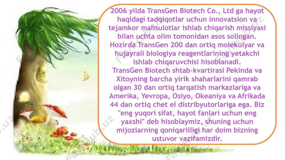jtimoiy mas'uliyatni rivojlanishning muhim muammosi sifatida ko'rishini va buning uchun kurashni davom ettirishini ko'rsatdi. 10 2016 yil transgen shenzhen ofisini 2016 yil 1 yanvarda ochdi. 2016-yil 21-mart kuni milliy konferensiya markazida “10 yil davomida shukronalik, orzulardan tashqari yutuqlar” 10 yillik yubileyini nishonladik. transgen to'rtinchi marta 2016 yil sentyabr oyida 9500 kvadrat metrdan ortiq yangi ofis binosiga ko'chib o'tdi. 2015 yil transgen 2015 -yil 12-yanvarda malayziya putra universitetida birinchi xorijdagi ma’ruzasini o‘tkazdi , bu transgen globallashuvidagi muhim bosqichdir. transgen 2015-yil 6-oktabrda germaniyaning hannover shahrida bo‘lib o‘tgan labvolution konferensiyasida birinchi xalqaro ko‘rgazmada ishtirok etdi. 2015 yil oktyabr oyida transgen postdoctoral (yosh iste'dod) innovatsion amaliyot bazasi ish stantsiyasini yaratish uchun tasdiqlangan. transgen to'rtinchi marta zhongguancun yuqori texnologiyali korxona sifatida sertifikatlandi. 11 2019 yil transgen uchta ixtiro uchun davlat intellektual mulk idorasi tomonidan patent ruxsatini oldi: “dnk adapterini bog'lashning samarali usuli”; "turli gc tarkibidagi keyingi avlod sekvensiya kutubxonasini aniq aniqlash uchun qpcr tahlili usuli …