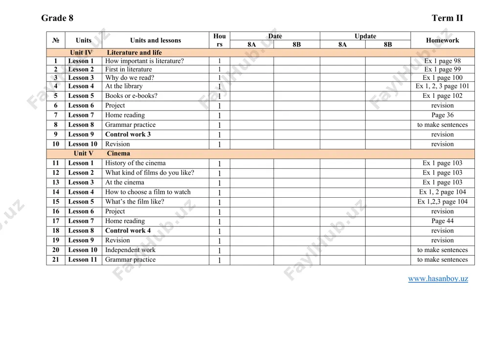 what kind of films do you like? 1 ex 1 page 103 13 lesson 3 at the cinema 1 ex 1 page 103 14 lesson 4 how to choose a film to watch 1 ex 1, 2 page 104 15 lesson 5 what’s the film like? 1 ex 1,2,3 page 104 16 lesson 6 project 1 revision 17 lesson 7 home reading 1 page 44 18 lesson 8 control work 4 1 revision 19 lesson 9 revision 1 revision 20 lesson 10 independent work 1 to make sentences 21 lesson 11 grammar practice 1 to make sentences www.hasanboy.uz grade 8 term iii № units units and lessons hours date update homework 8a 8b 8a 8b unit vi world of music 1 lesson 1 how does music make you feel? 1 ex 1 page 104 2 lesson 2 uzbek national music 1 ex 1,2,3 page 105 3 lesson 3 classical music? …