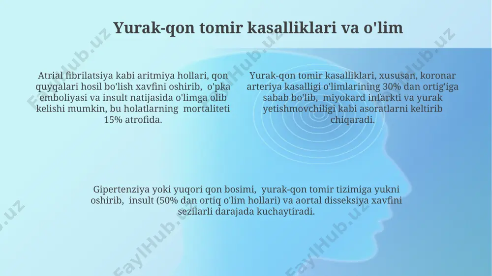 tonining rivojlanish xavfini 50-80% ga oshiradi, bu esa o'limga olib kelishi mumkin. xromosomalar sonining anormalligi, masalan, trisomiya 21 (down sindromi), turli xil sog'liq muammolariga olib kelishi mumkin va hayot davomiyligini qisqartirib, o'lim xavfini oshiradi. oilaviy giperxolesterinemiya, ldl retseptorlari genlaridagi mutatsiyalar natijasida yuzaga keladi va yurak-qon tomir kasalliklari xavfini sezilarli darajada oshirib, 50 yoshdan oldin o'limga olib kelishi mumkin. ota-onalar o'limining bolalarga ta'siri ota-onalarning vafotidan keyin bolalarning 70% gacha qismi depressiya yoki tashvish buzilishlarini boshdan kechiradi, bu esa ularning akademik natijalariga va ijtimoiy moslashuviga salbiy ta'sir ko'rsatishi mumkin. ota-onalarning o'limidan keyingi ilk 6 oyda bolalarda travmatik qayg'u reaksiyasi kuzatiladi, bu davrda bolaning yoshi, jinsi va oilaviy qo'llab-quvvatlash darajasi katta ahamiyatga ega. 18 yoshgacha bo'lgan bolalarning ota-onalaridan birining yoki ikkalasining o'limi, keyinchalik giyohvand moddalarni suiiste'mol qilish, jinoyatchilik va o'z joniga qasd qilish xavfini 2-3 marta oshiradi. patologik anatomiya tekshiruvi tekshiruv jarayonida histologik va sitologik usullar qo'llaniladi, bu esa 10-15 mikrometrli to'qima kesmalarini …