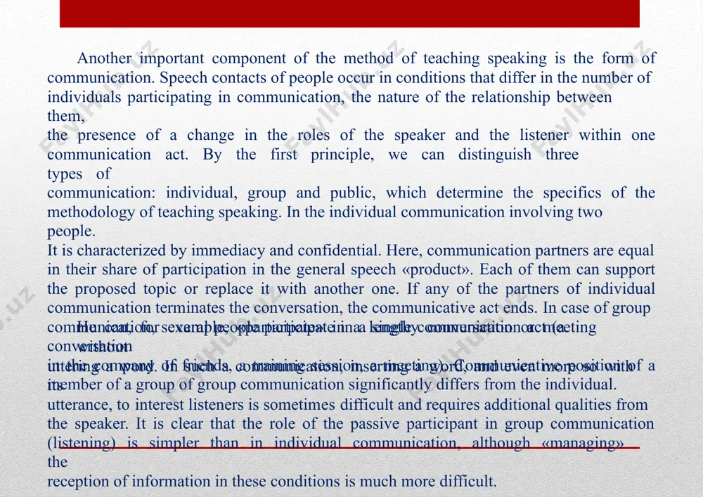 n the time that has arisen as a result of waiting. free conversation is widely used to establish contact between members of the temporary group, for example, during the reception of guests. 1.teaching speaking as communication communication involves the use of four language skills: · listening and speaking in oral communication · reading and writing in written communication. the sender of the message uses speaking or writing skills to communicate ideas, the receiver uses listening or reading skills to interpret the massage. the skills used by the sender areproductiveand those used by the receiver arereceptive(or interpretive). the use of each skills demands various components of language substance. each skill involves the use of specific vehicles. learners usually attain a much higher level of proficiency in the receptive skills than in the productive skills. mastering the language skills, like mastering any kind of skill, requires a considerable amount of practice. step …